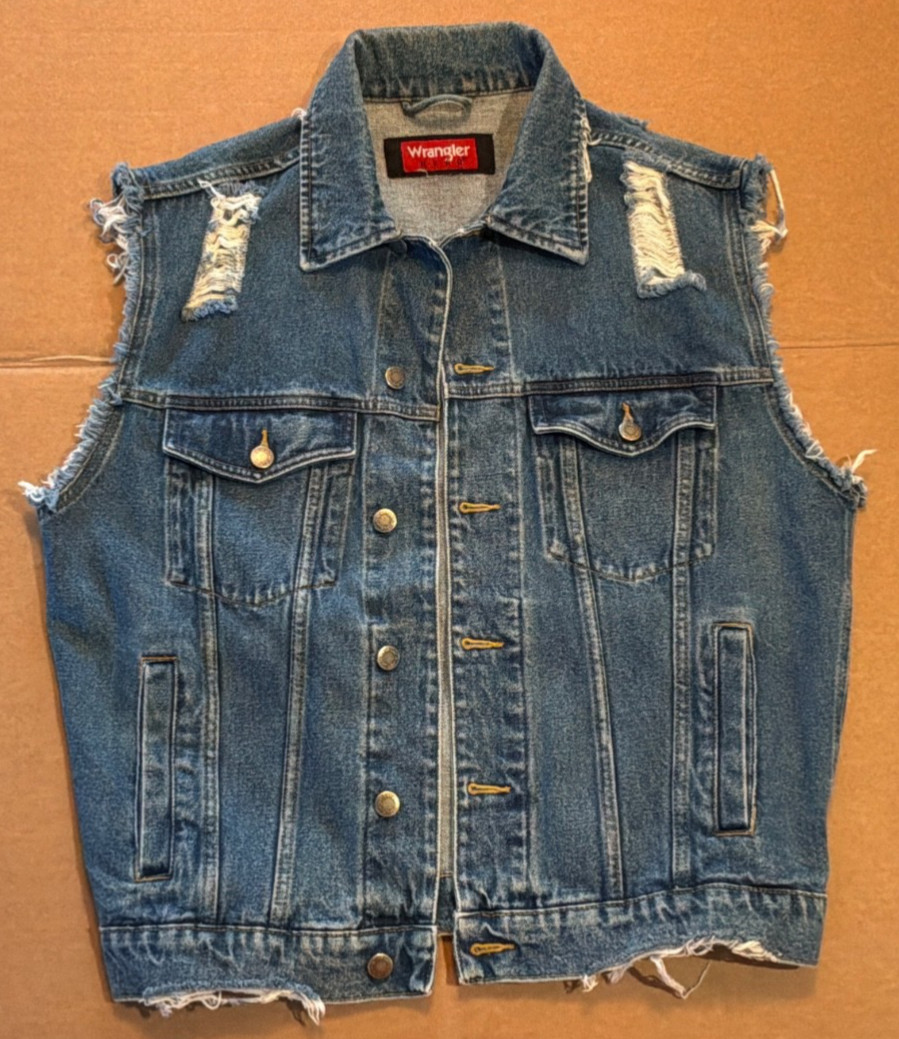 Vintage Wrangler Hero Patchwork Back Denim Vest Classic Trucker 90s Mens M/L
