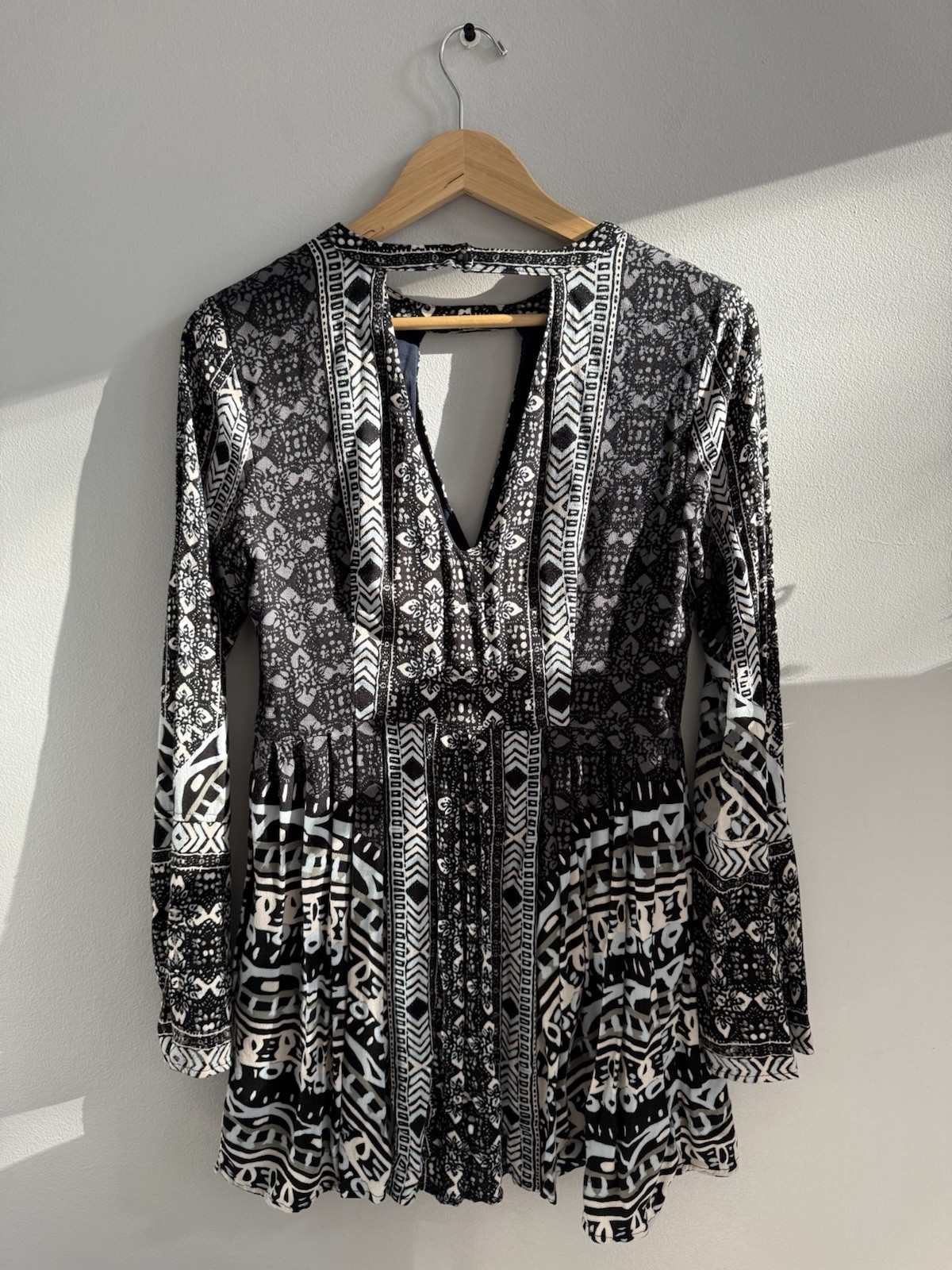 Free People Tegan Border Print Mini Dress Women’s 6 Swing Keyhole Boho Pockets