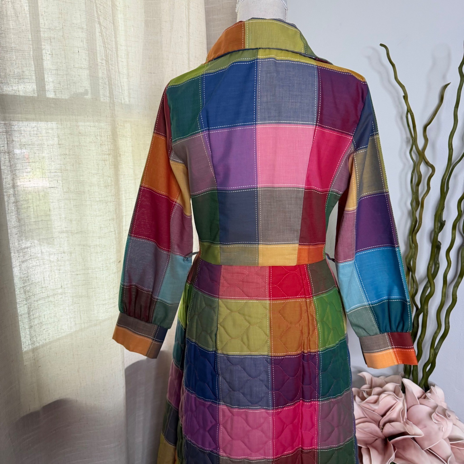 60s/70s Vintage Penneys Loungewear Quilted Rainbow Patchwork Maxi Dress Robe S