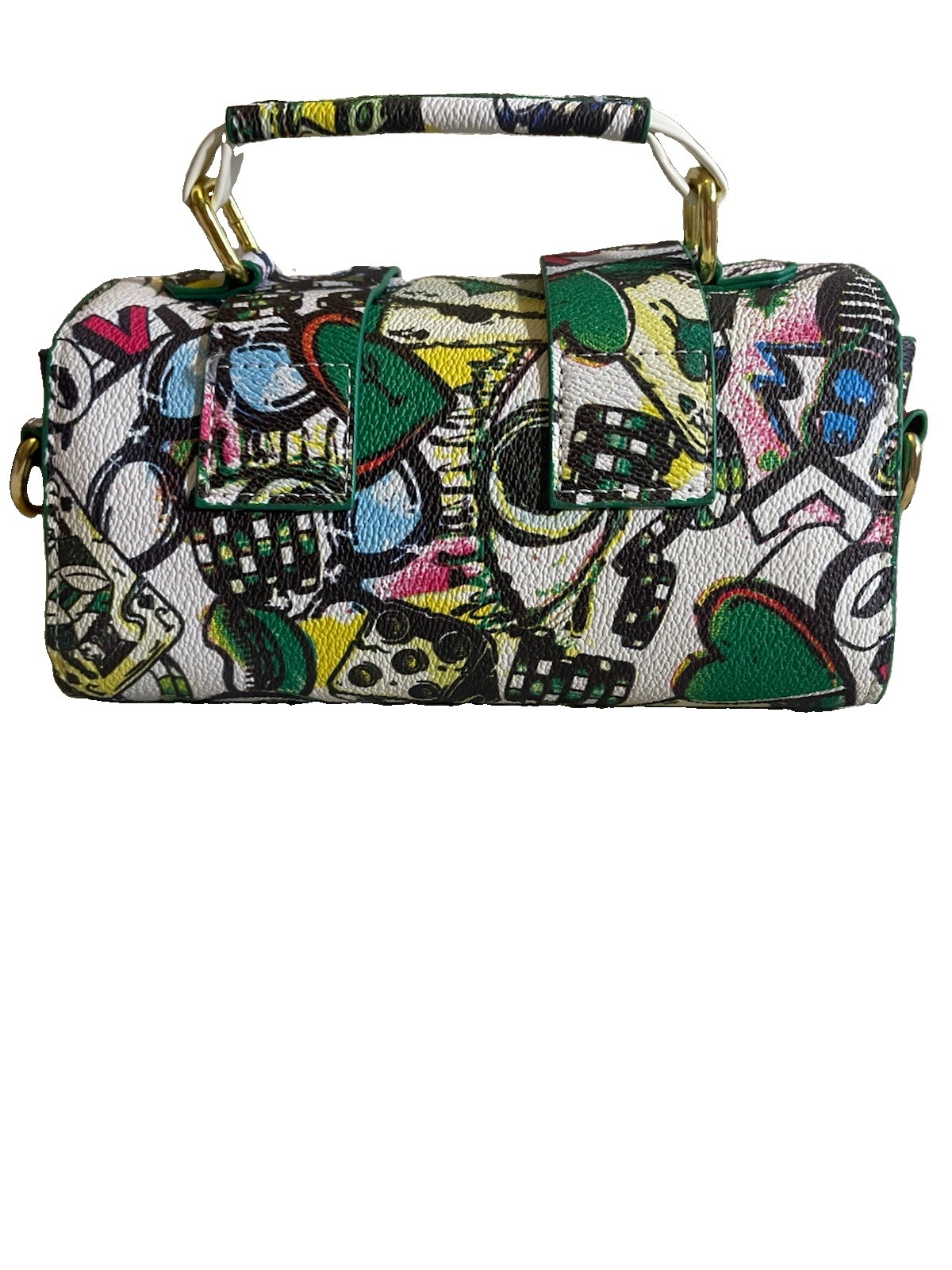 Small Multicolor Graffiti Top Handle Bag Zip, Detachable Strap, Gold Hardware
