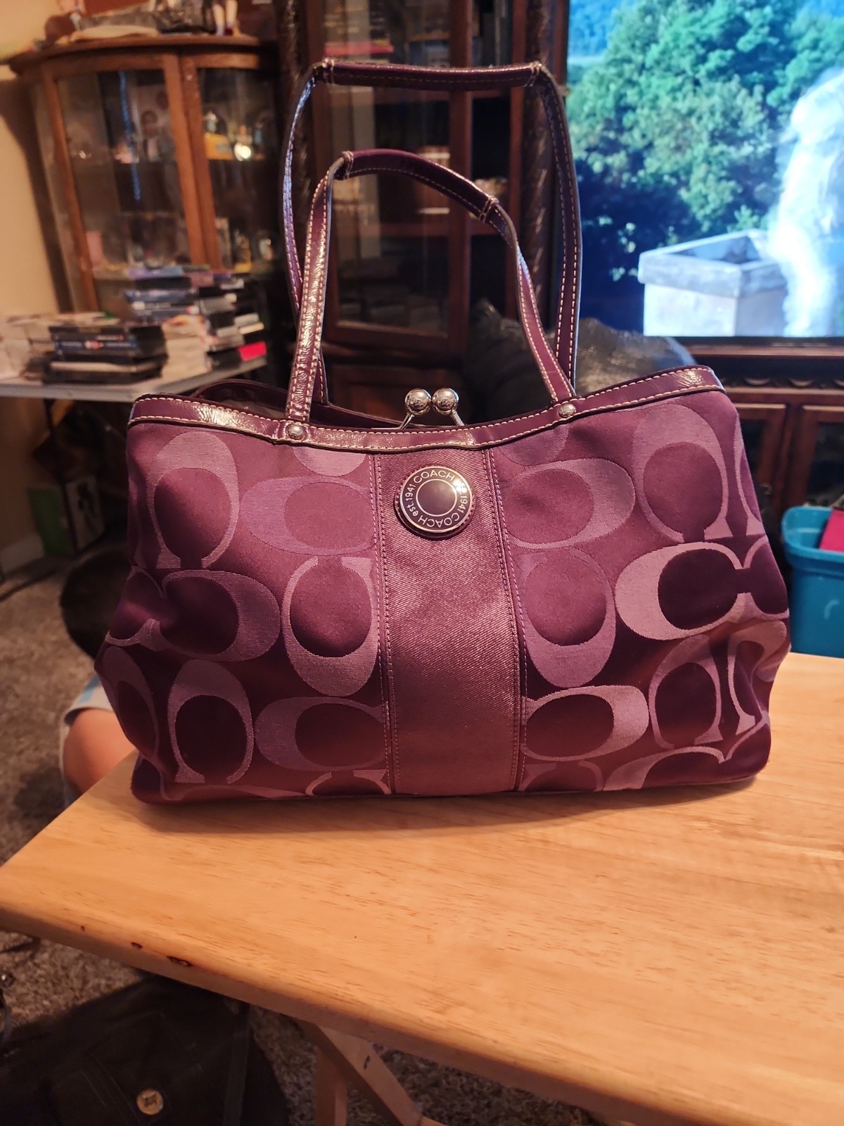 Coach Signature Jacquard Kisslock Tote Bag Purple 20105 Leather Trim