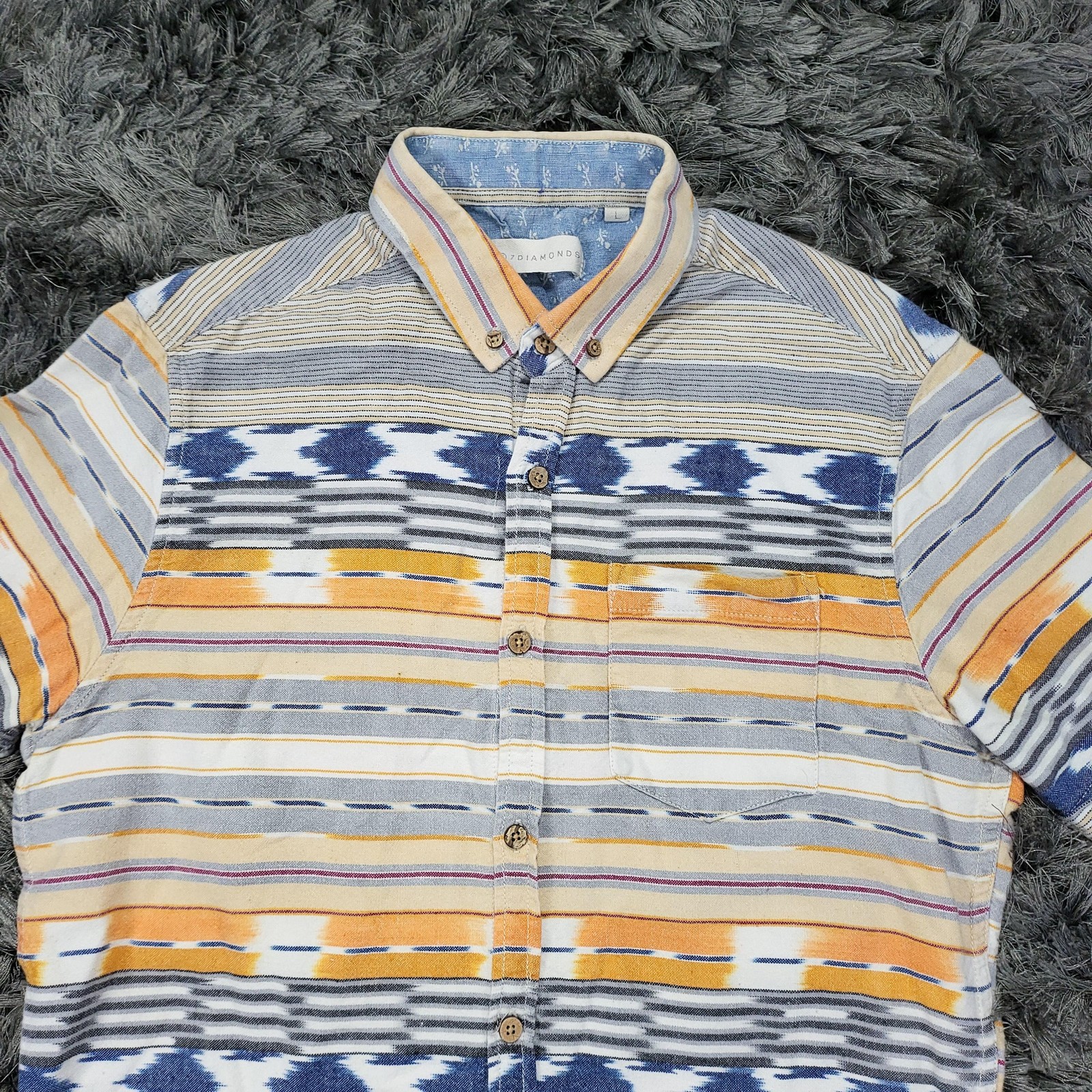 7 Diamonds Shirt Mens Large Southwestern Stripe Cuffed Short Sleeve Cotton Logo