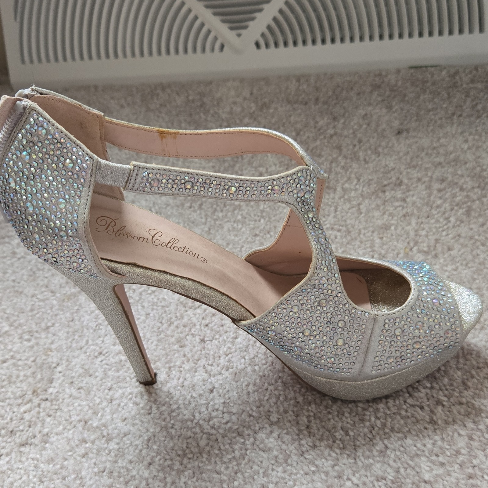 Blossom Collection Silver Rhinestone Platform Stiletto Open Toe Zip Heels