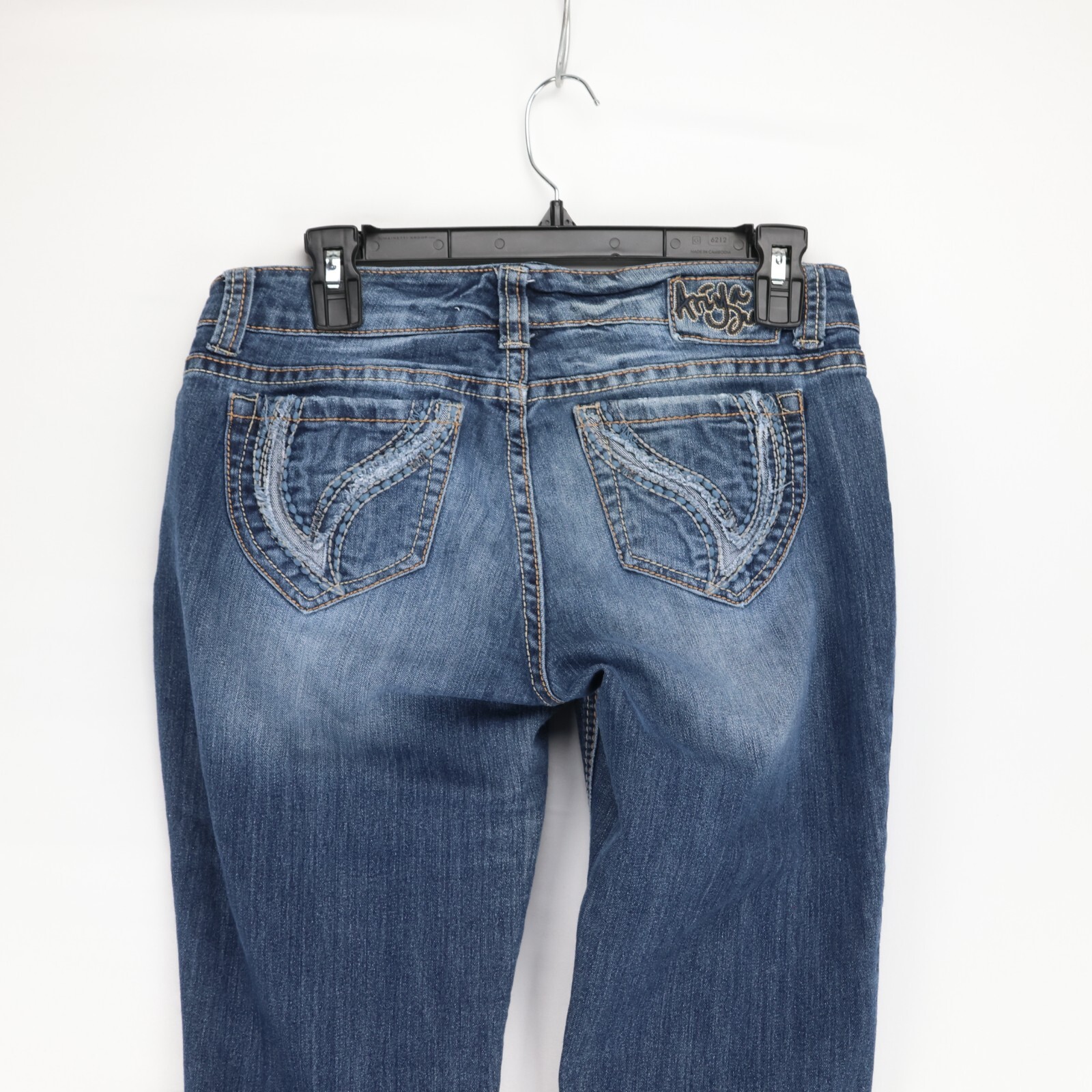 Ariya Womens Embroidered Flare Jeans 5/6 Dark Wash Wide Leg Y2K