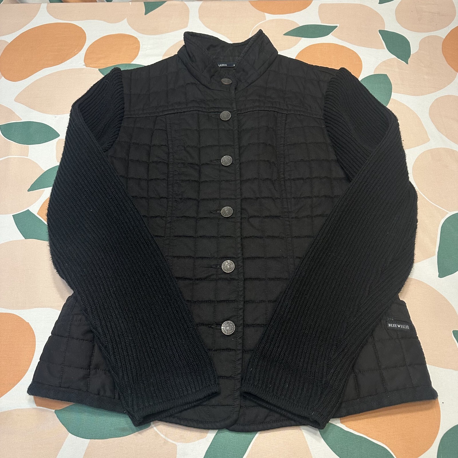 Blue Willi’s Quilted Button Up Jacket Women’s XL Extra Large Black Ribbed Sleeve