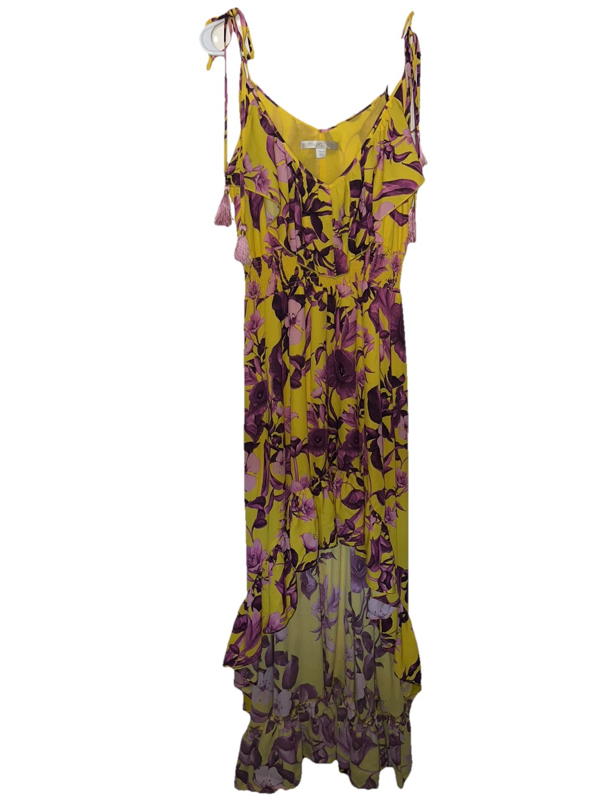 Boston Proper Yellow Purple Floral Ruffle Maxi Dress High Low Small NWT See Pics