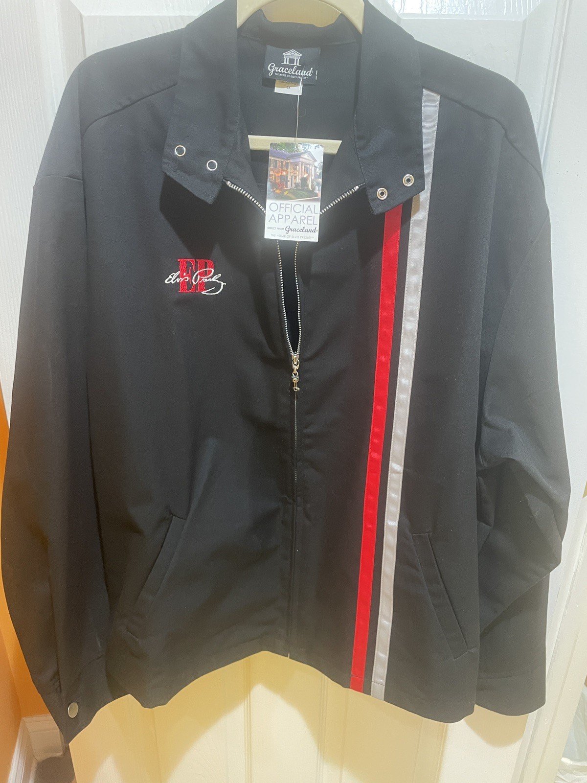 Mens Speedway Motorcycle Racing Elvis Presley Black Jacket Red White Stripes 2X