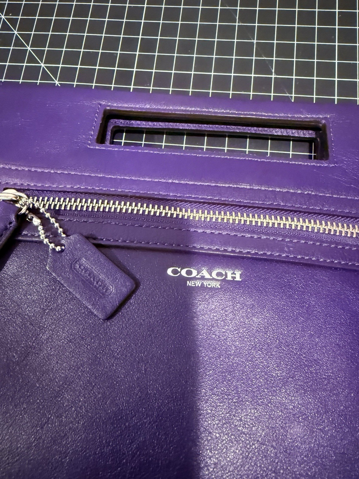Coach Madison Purple Leather Sophia Clutch Cutout Handle Zip Pocket Evening Bag