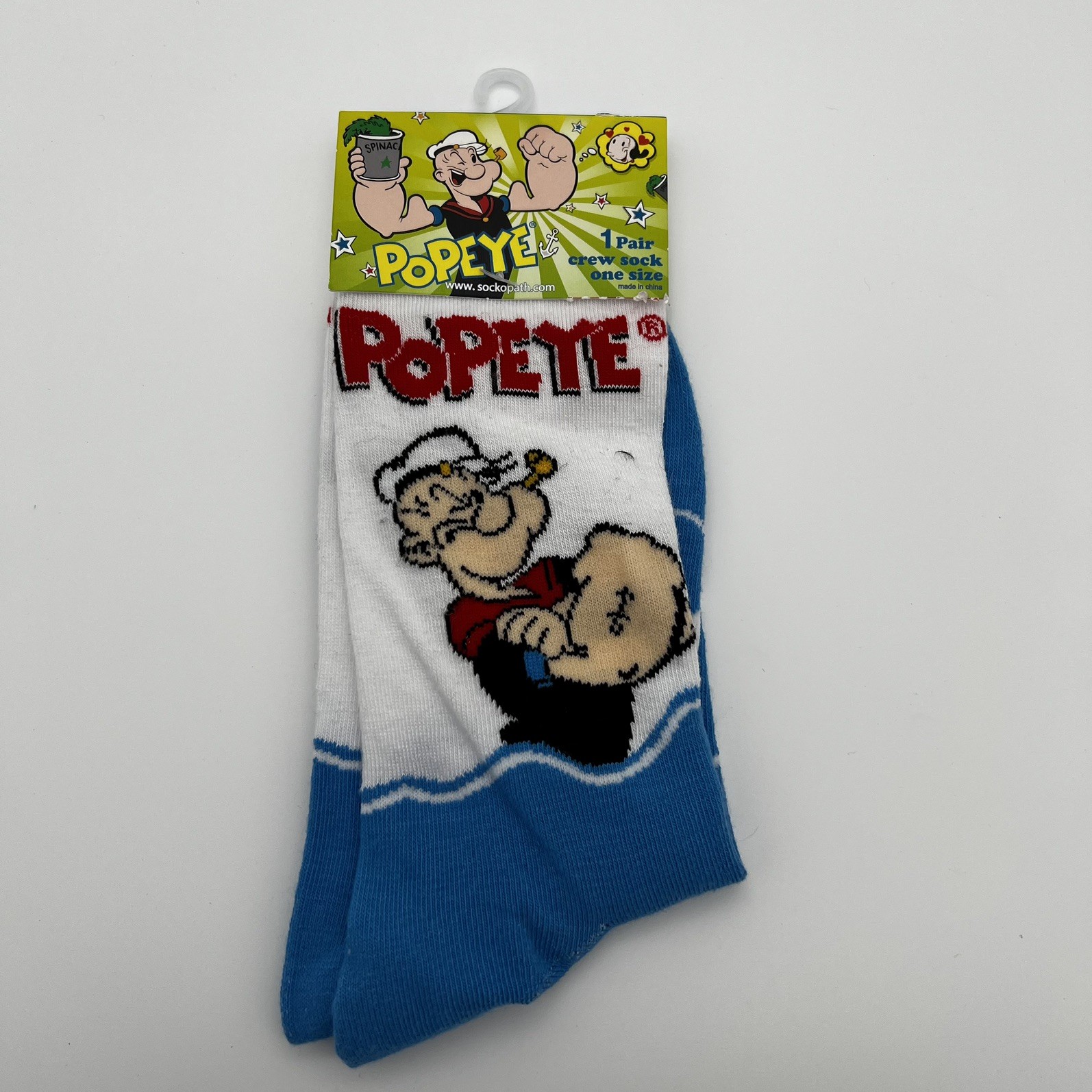 Popeye Crew Socks 1 Pair Novelty Cartoon Socks Blue White One Size NWT Retro