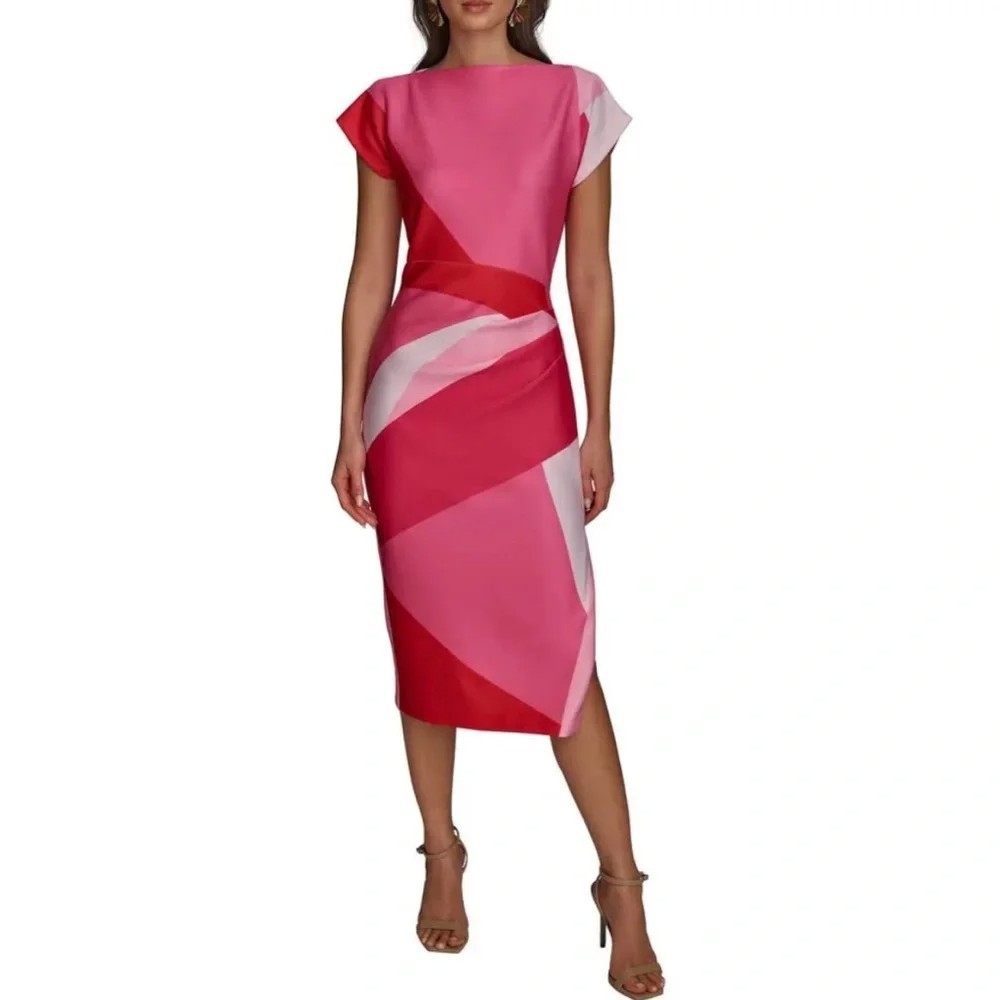 Donna Karan Women Dress Size 10 Pink Geometric Colorblock Pleated Sheath New