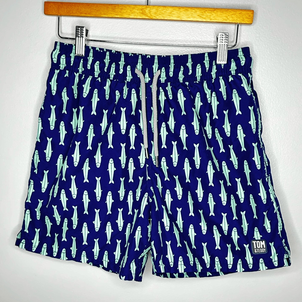 Tom & Teddy Classic Swim Shorts Ink Blue & Green Sardines Mens size Small