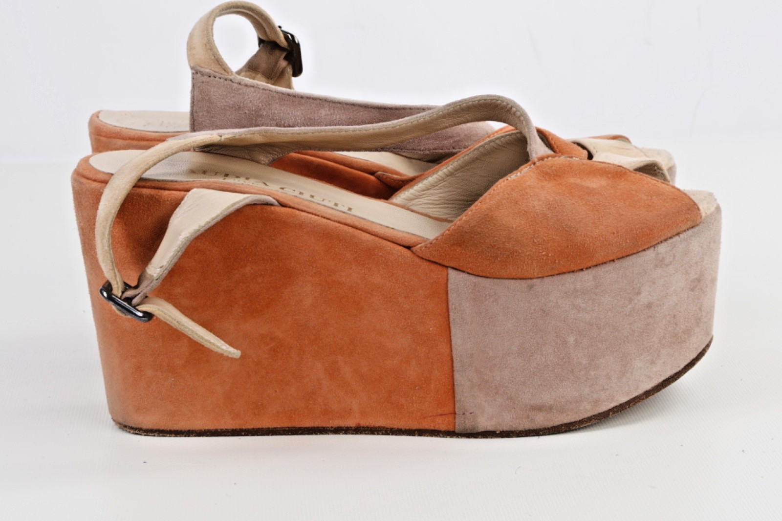 Claudia Ciuti Italian Suede Platform Wedge Sandals Tan Orange Colorblock Size 7M