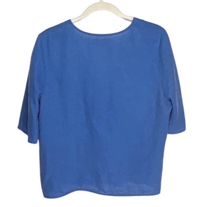 Thinking Mu Hemp Blue V-Neck Button Down Short Sleeve Blouse Size L Retail: $189