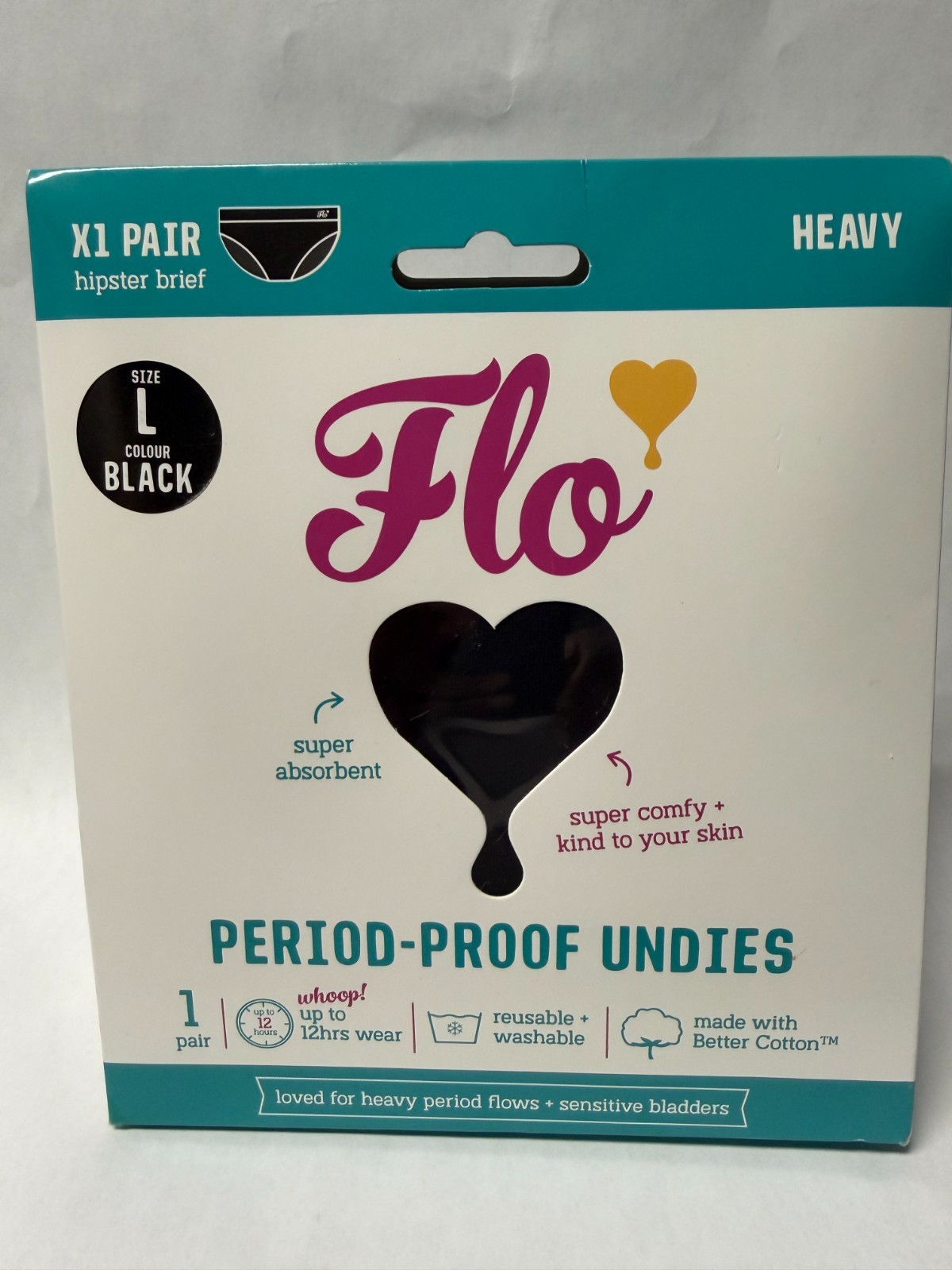 Flo Period-Proof Undies, Hipster Brief , Washable, Size Large – New