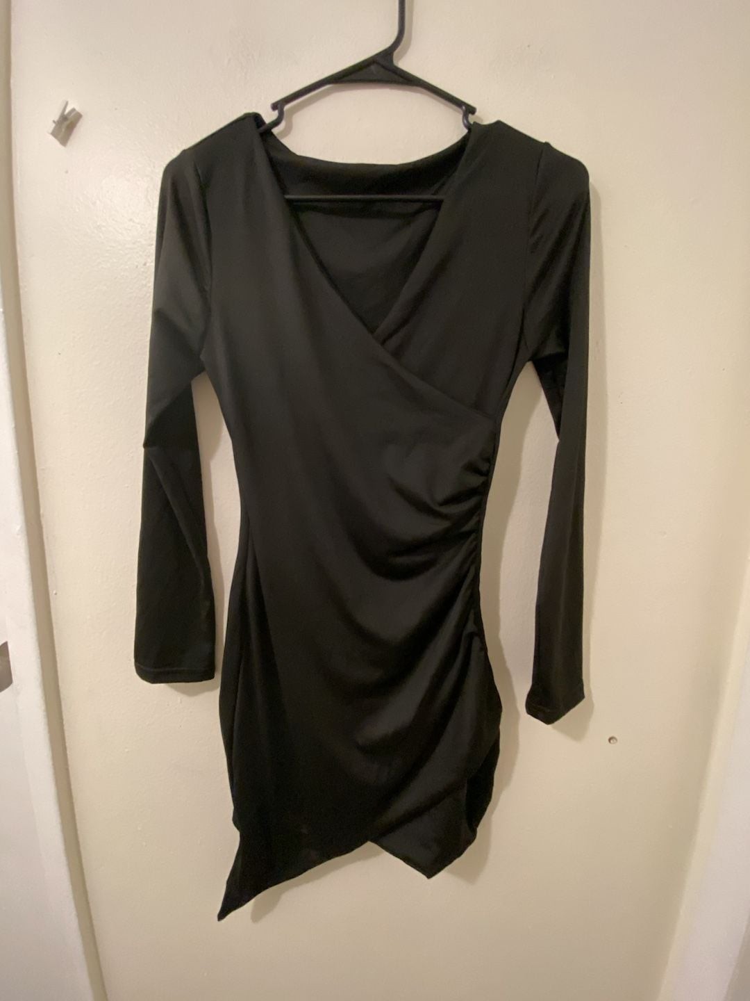 Ambiance Apparel Long Sleeve V-Neck Ruched Faux Wrap Mini Dress