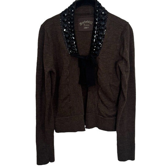 Rockabilly Rules Ambiente 100% Wool Brown Black Beaded Collar Cardigan Rodeo L