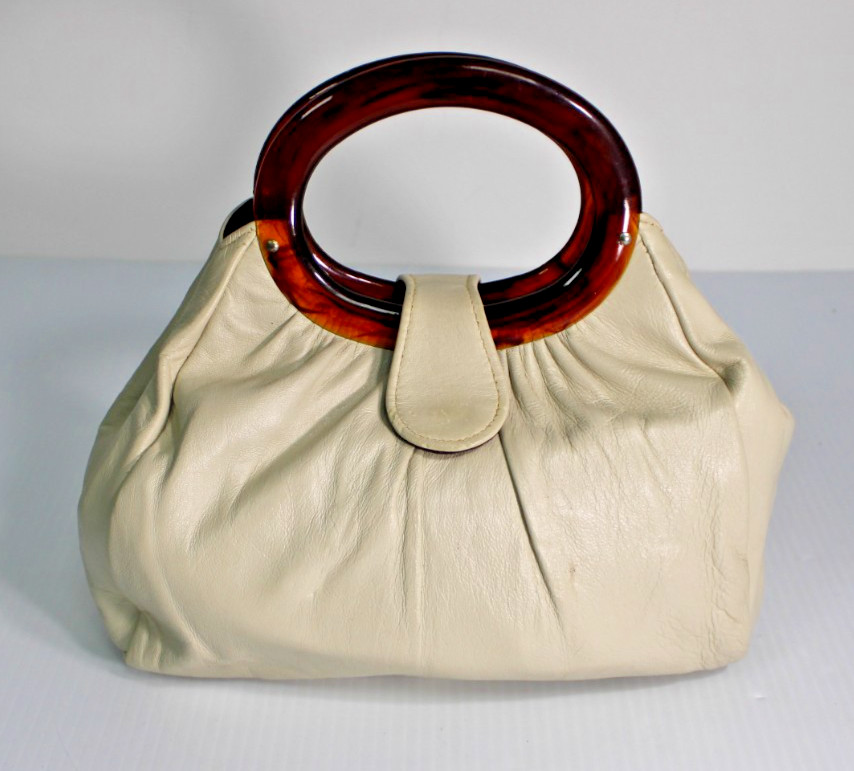 Vintage Andé Cream Slouchy Genuine Leather Handbag Lucite Tortoiseshell Handles