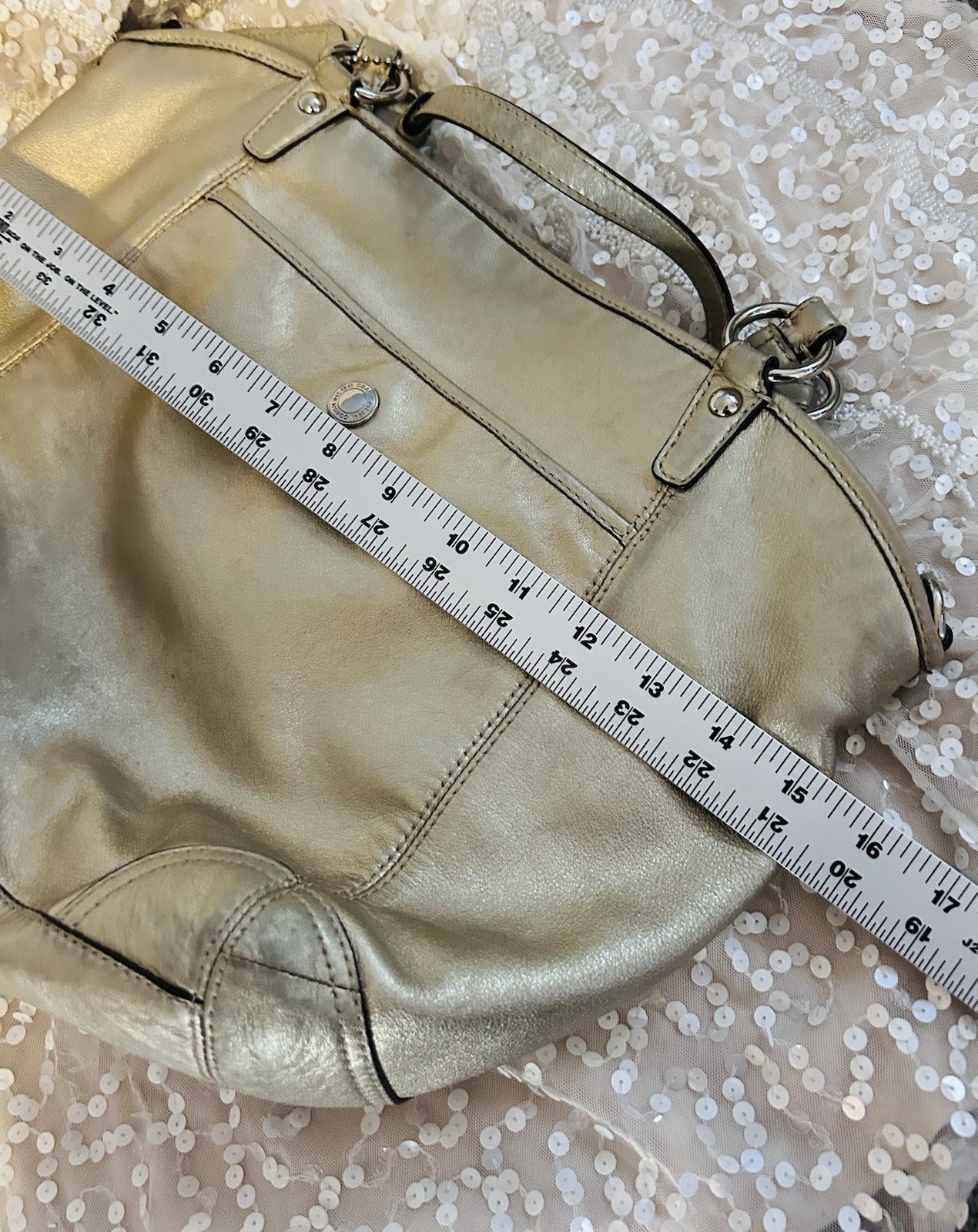 Coach Leah Leather Large Hand Bag Purse Satchel Tote Gold Metallic No 13173