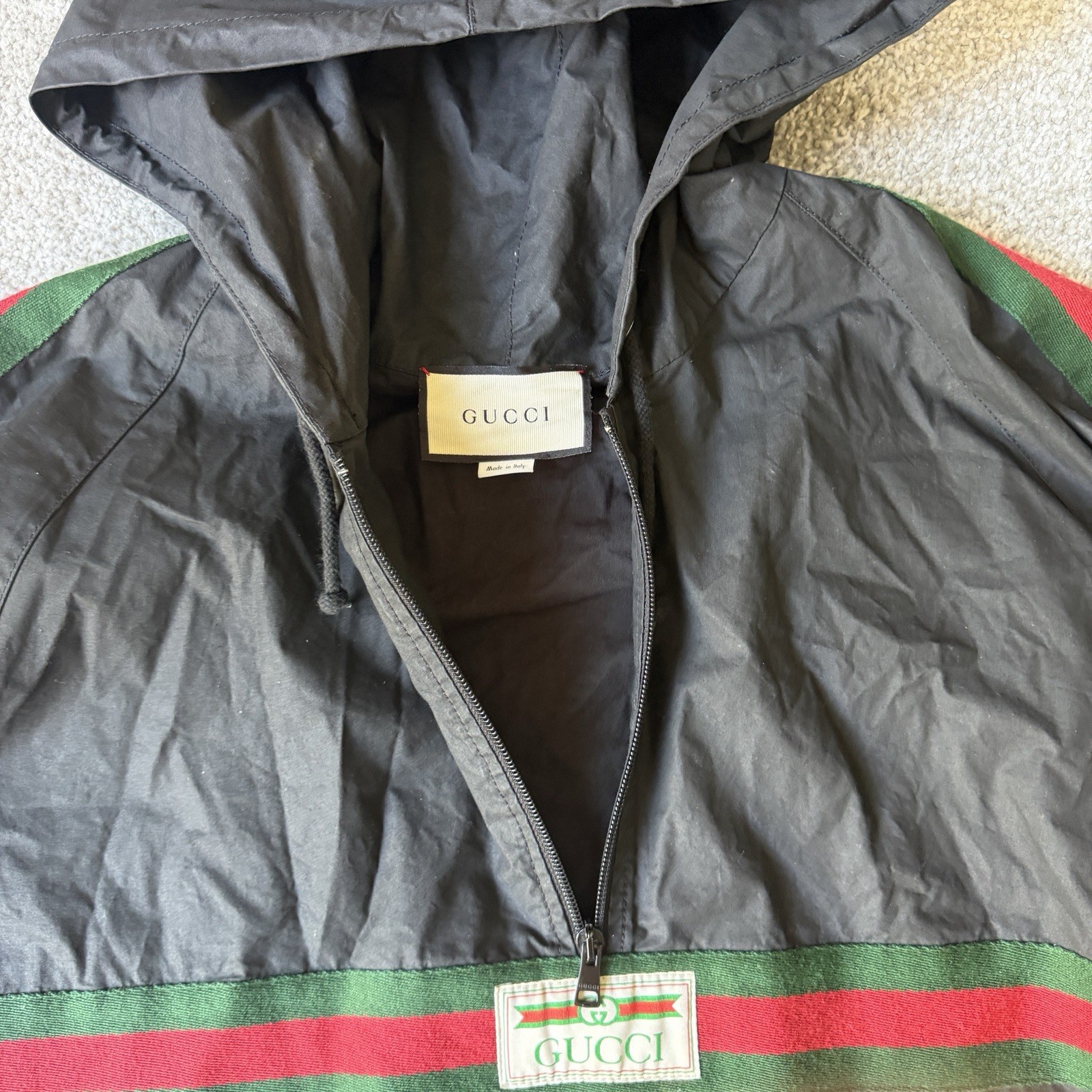 Gucci Cotton Canvas Windbreaker Jacket Web Stripe Logo Pullover Mens IT 52 UK XL