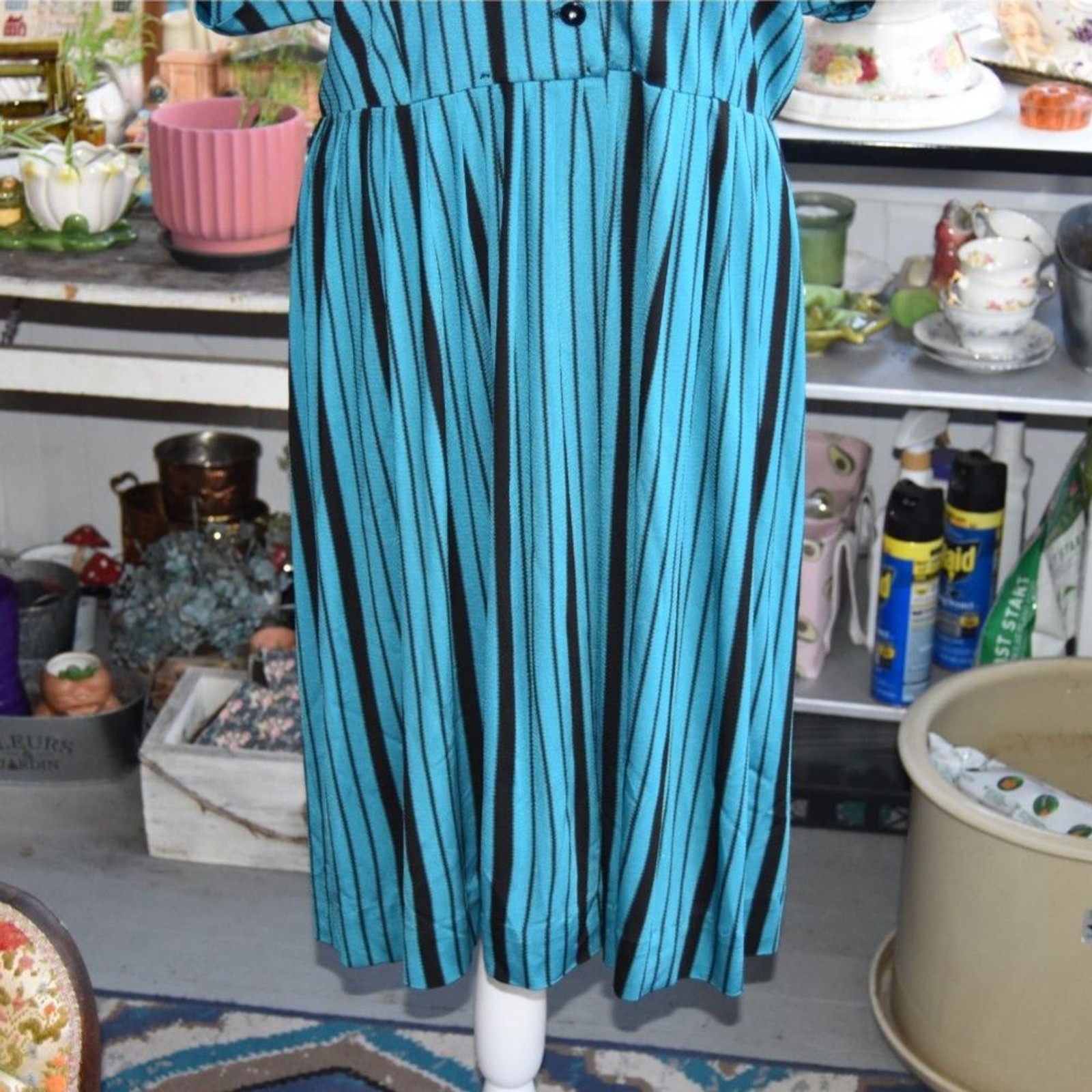 Vintage 60s Mode O’Day Mod Stripe Dress Blue Black Shirtwaist Midi L