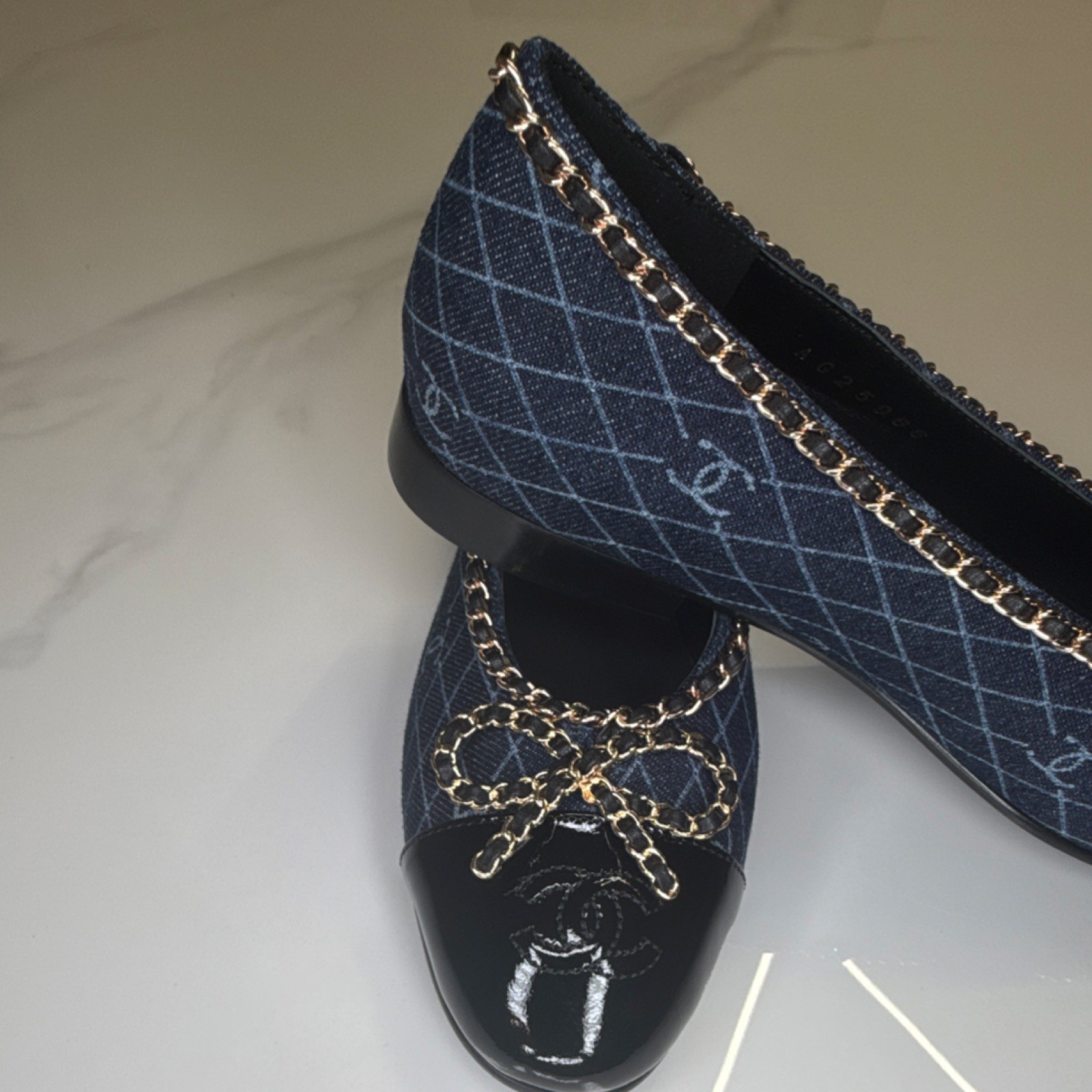 CHANEL Blue Denim Quilted Chain Bow Accent Ballet Flats for Women