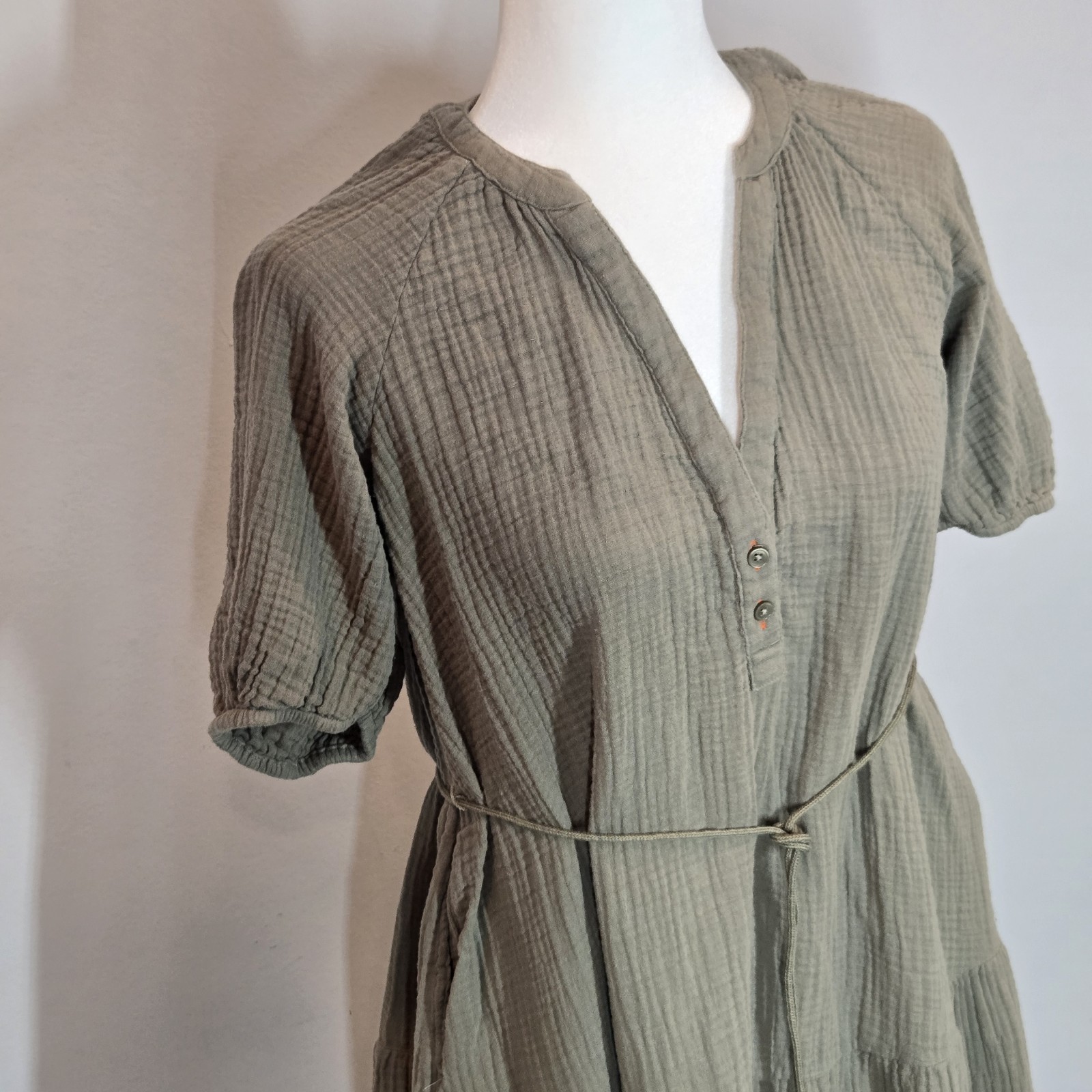 Marks & Spencer Per Una Pure Cotton Textured Notch Neck Tiered Khaki Dress Sz12
