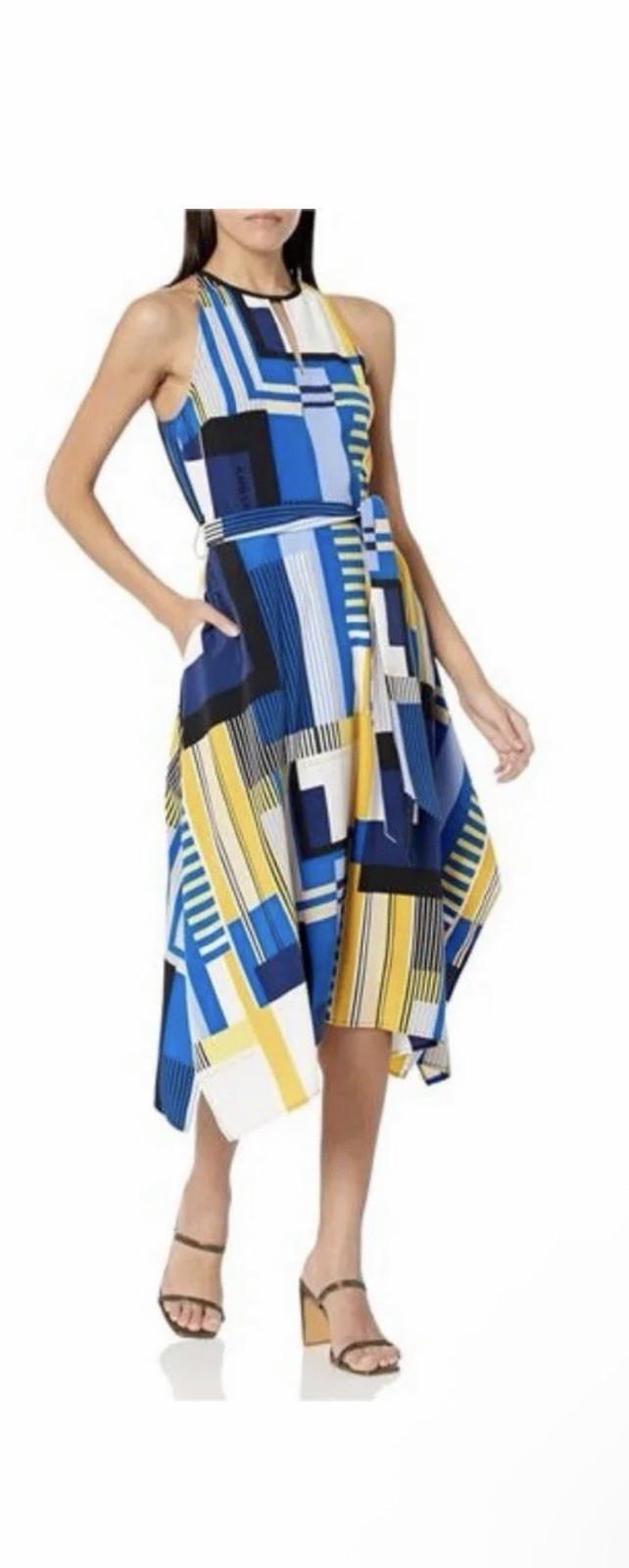 Karl Lagerfeld Paris Geometric Chiffon Belted A-Line Midi Dress Size 2