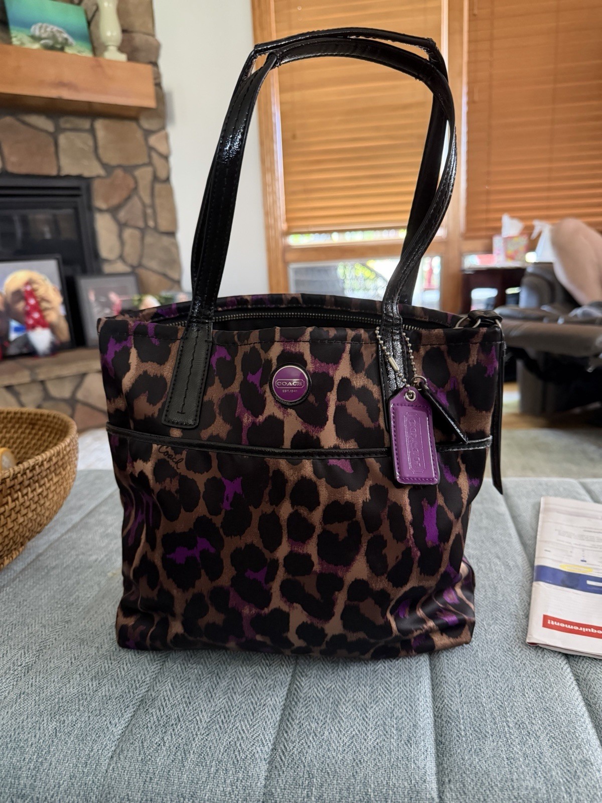 Coach Signature Ocelot Leopard Print Tote F25282 – Black/Purple/Brown Sateen