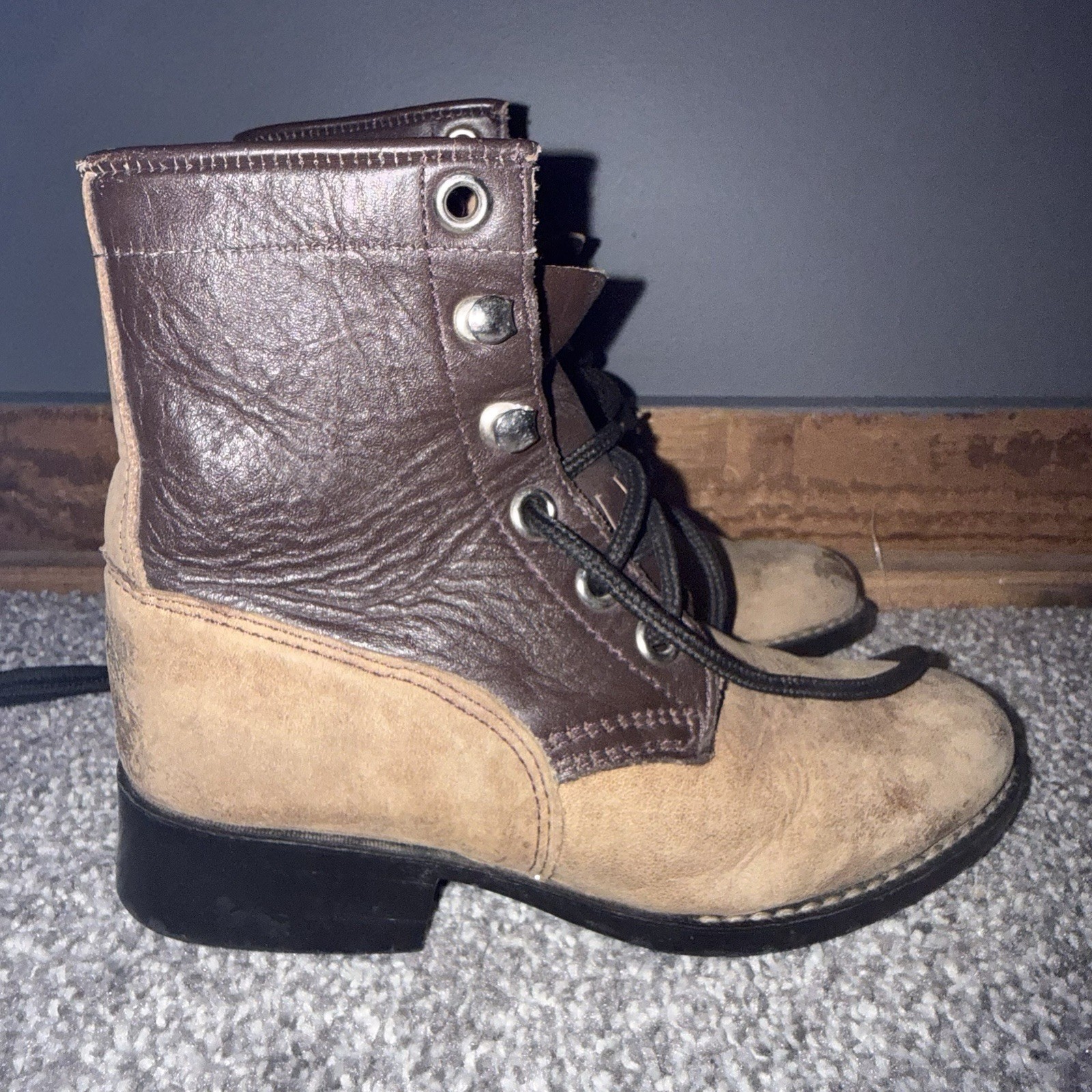 A Jama Product Leather Lace-Up Work Boots Boys Size 10 D Brown Tan Vintage