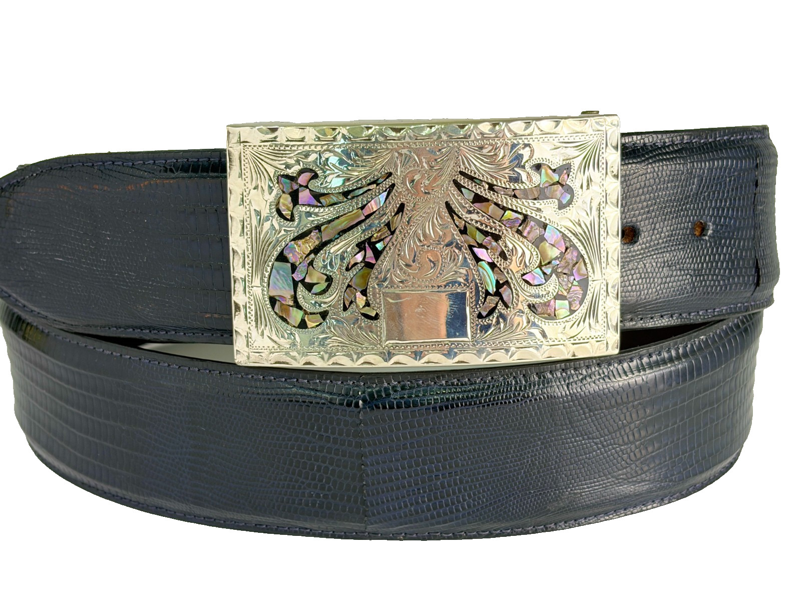 Plata De Jalisco Sterling Silver MOP .925 Belt Buckle Genuine Lizard 38 Maida’s