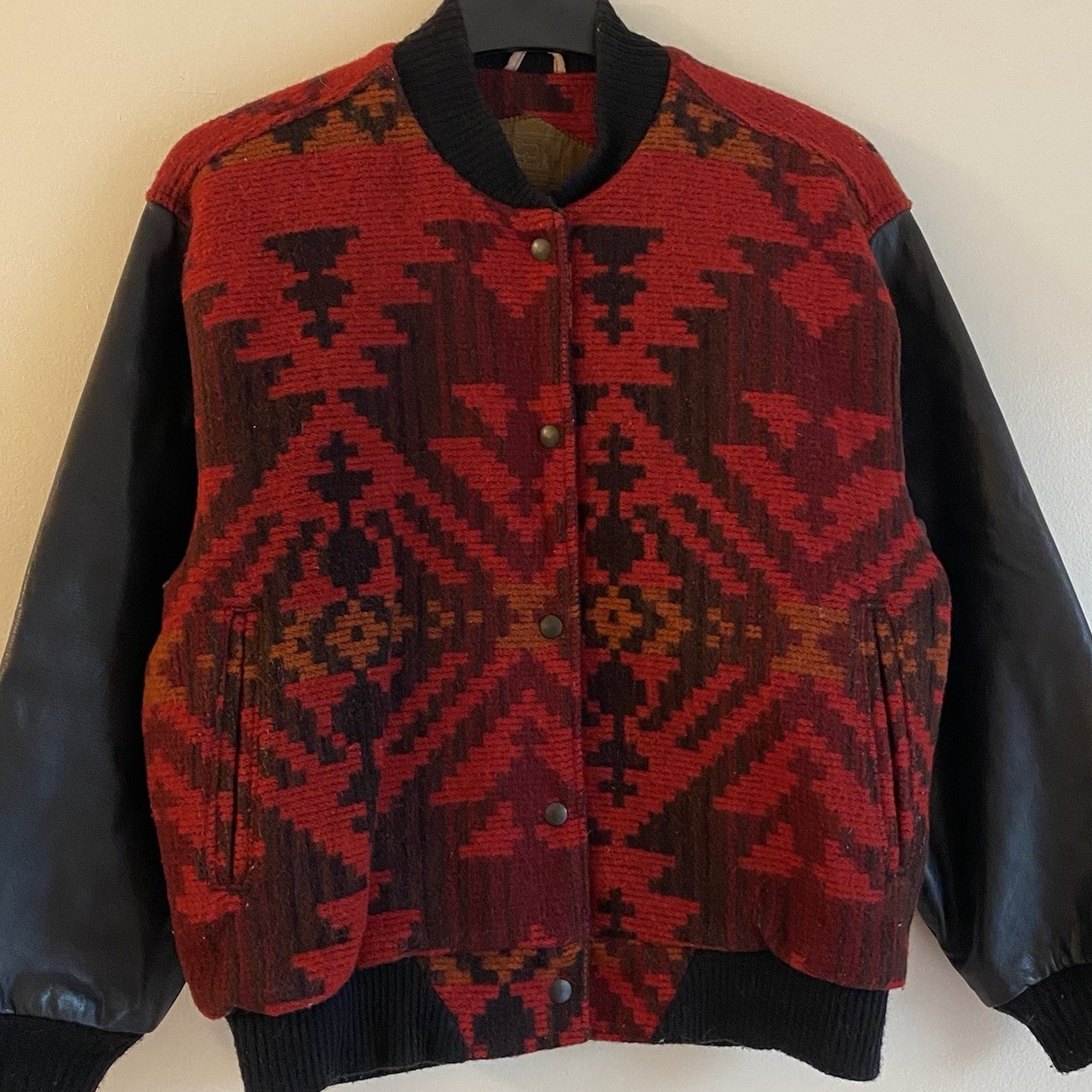 Vintage 90s Woolrich Aztec Jacket Bomber Wool Small USA Southwestern Leather 80s