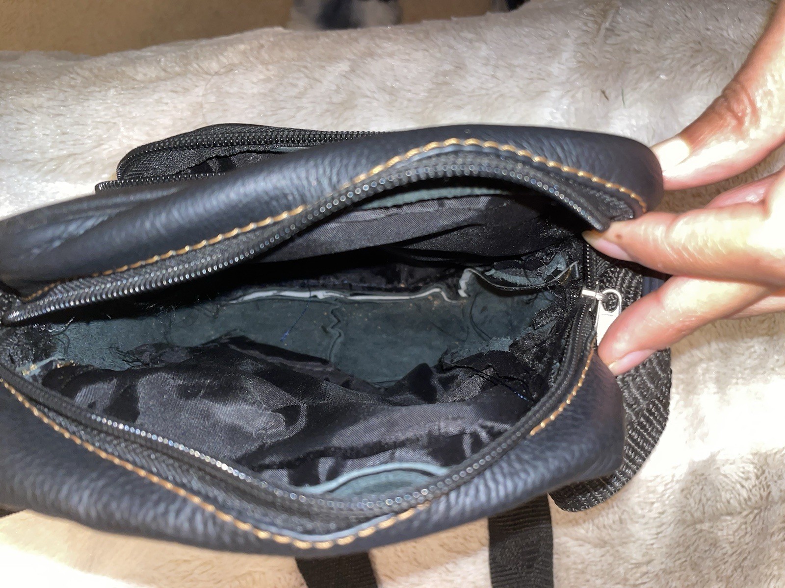 Real Leather Black Pebbled Crossbody Bag with Multi-Zip, Adjustable Strap