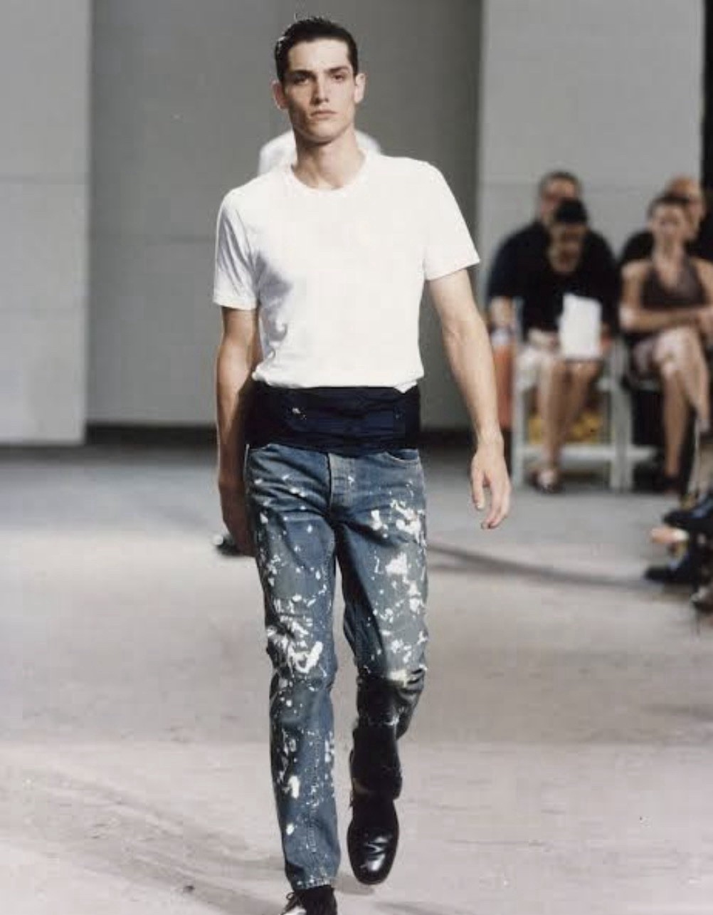 HELMUT LANG Straight Leg Blue Denim Jeans Paint Splatter Button Fly 5-Pocket