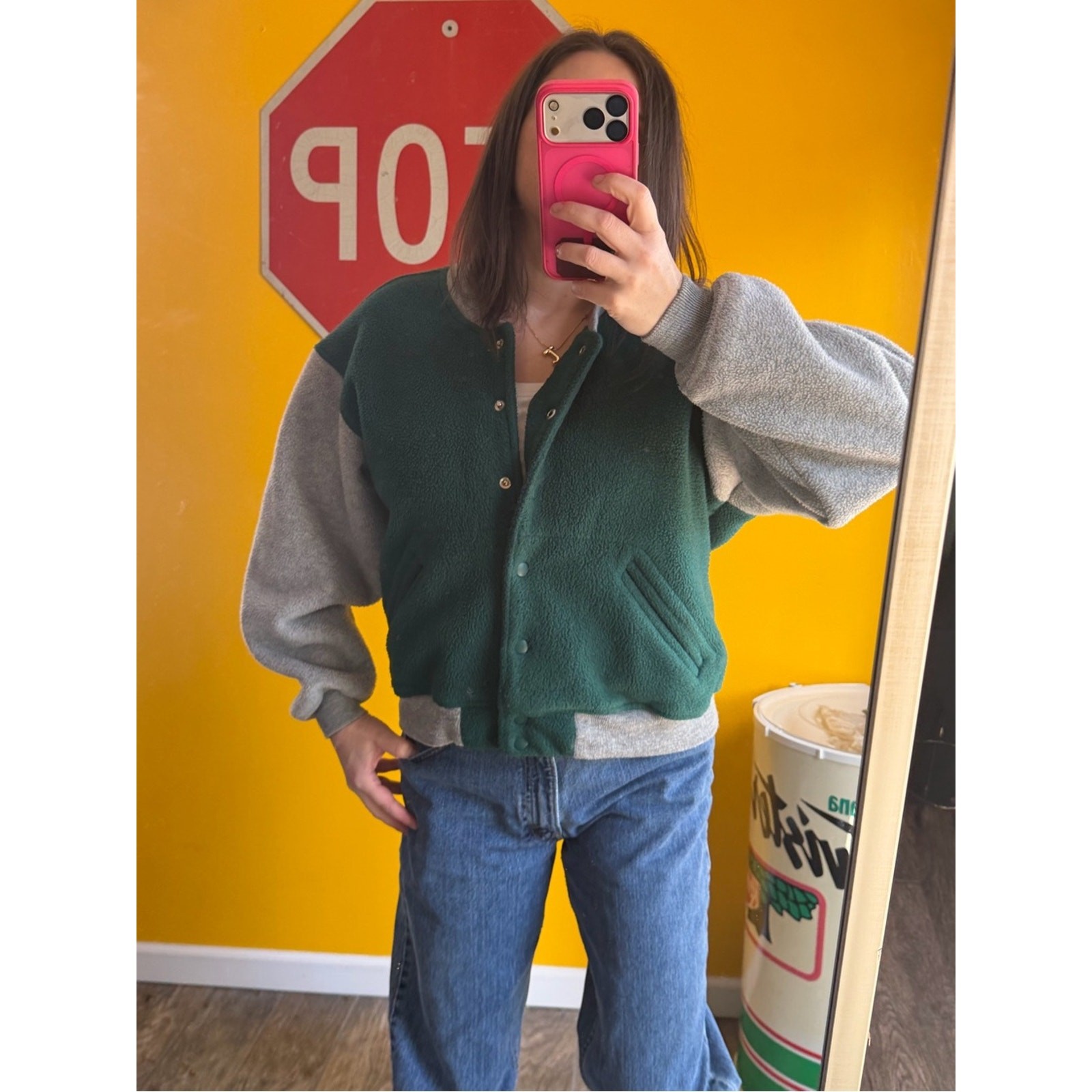 Lands End Spring Varisty Jacket MEDIUM GREEN Snap Cotton Pockets Stretch