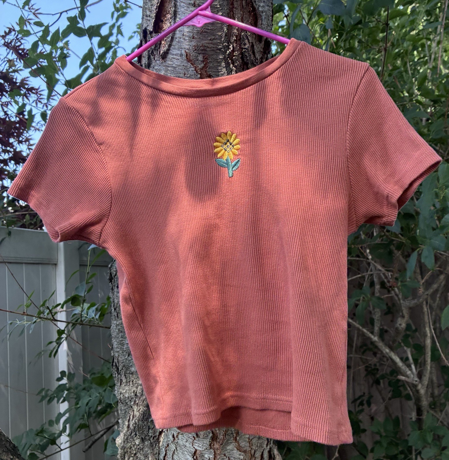 Mighty Fine Orange Ribbed Sunflower Tee 100% Cotton Fitted T-Shirt Women’s L