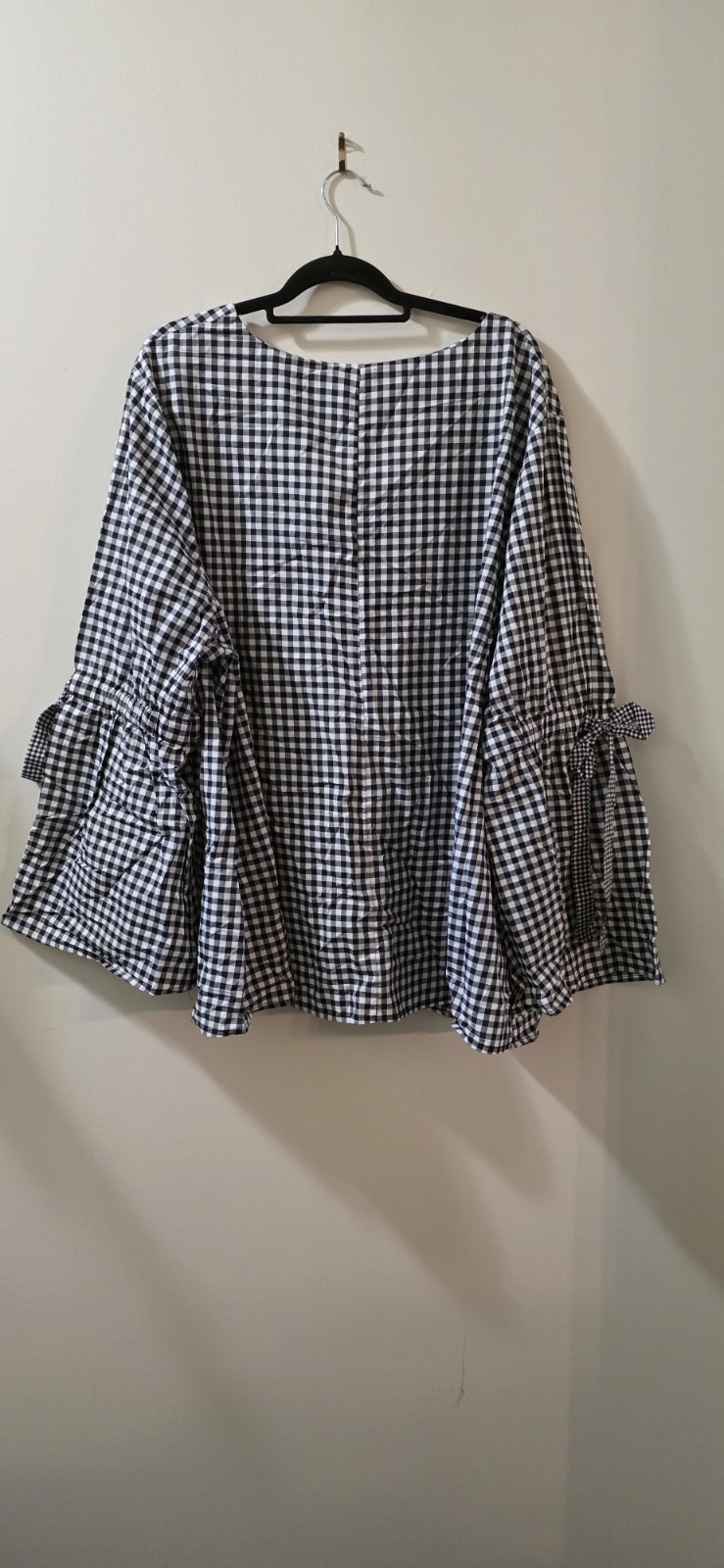 Ava & Viv Black White Gingham Check V Neck Tie bell Sleeve Blouse 4X #A50