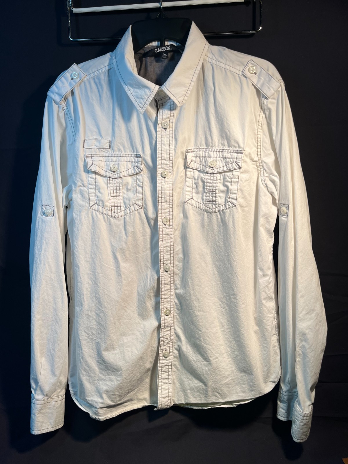 Men Carbon Button Down Long Sleeve White Military Style Piping Urban Design- SzL