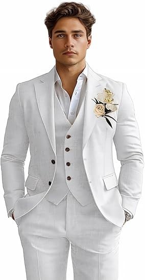 Linen Mens Suits 3 Piece Slim Fit Tuxedo Suit for Men Beach Wedding Formal Coat
