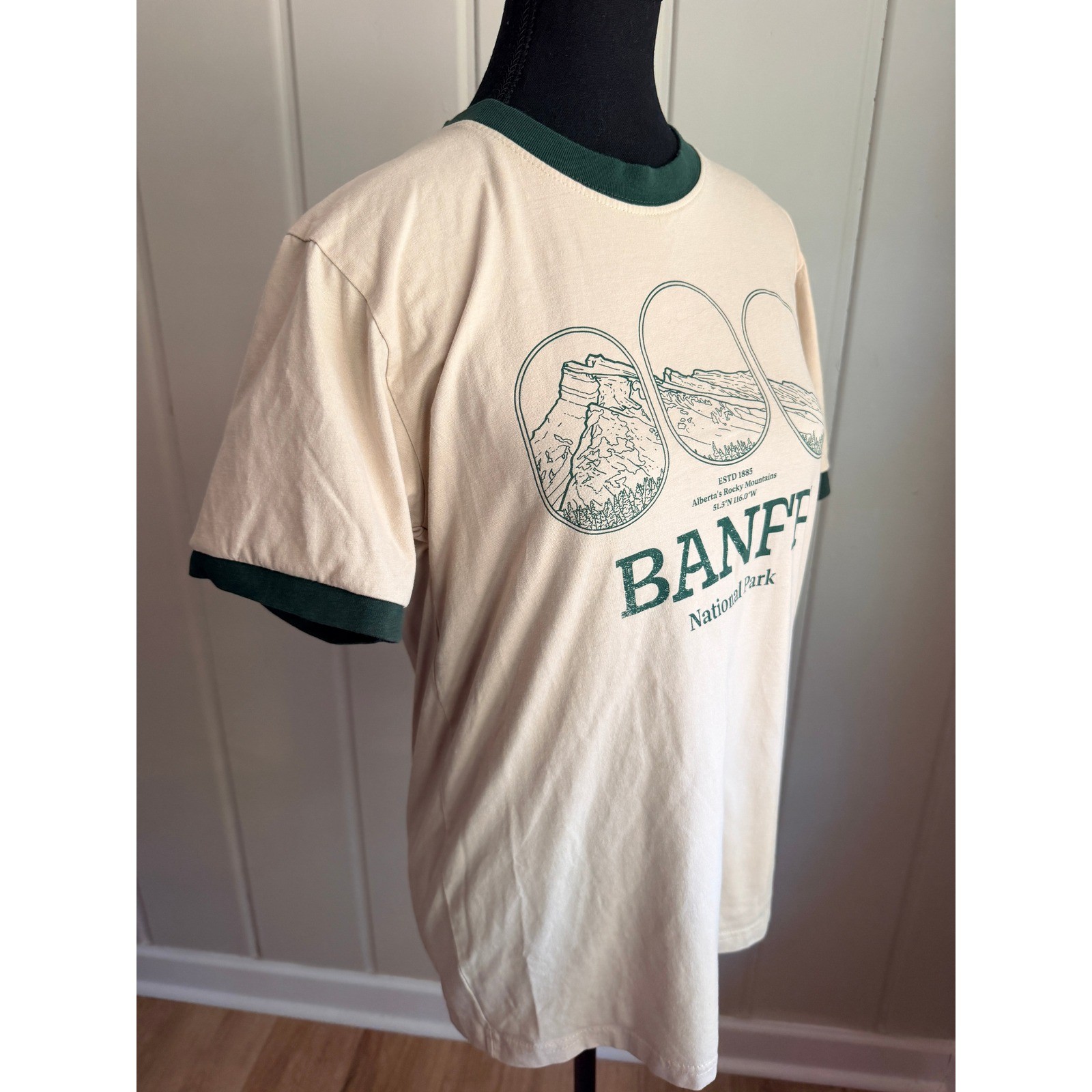 Banff National Park Graphic Tee Cream Green ringer sleeves