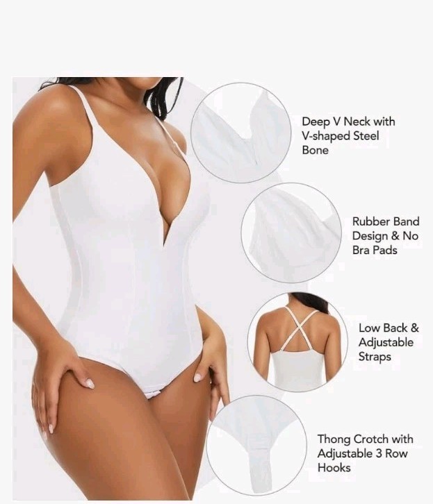 SHAPERIN Women’s Deep V Neck Bodysuit Double Lined Plunge Tummy Control Sz L