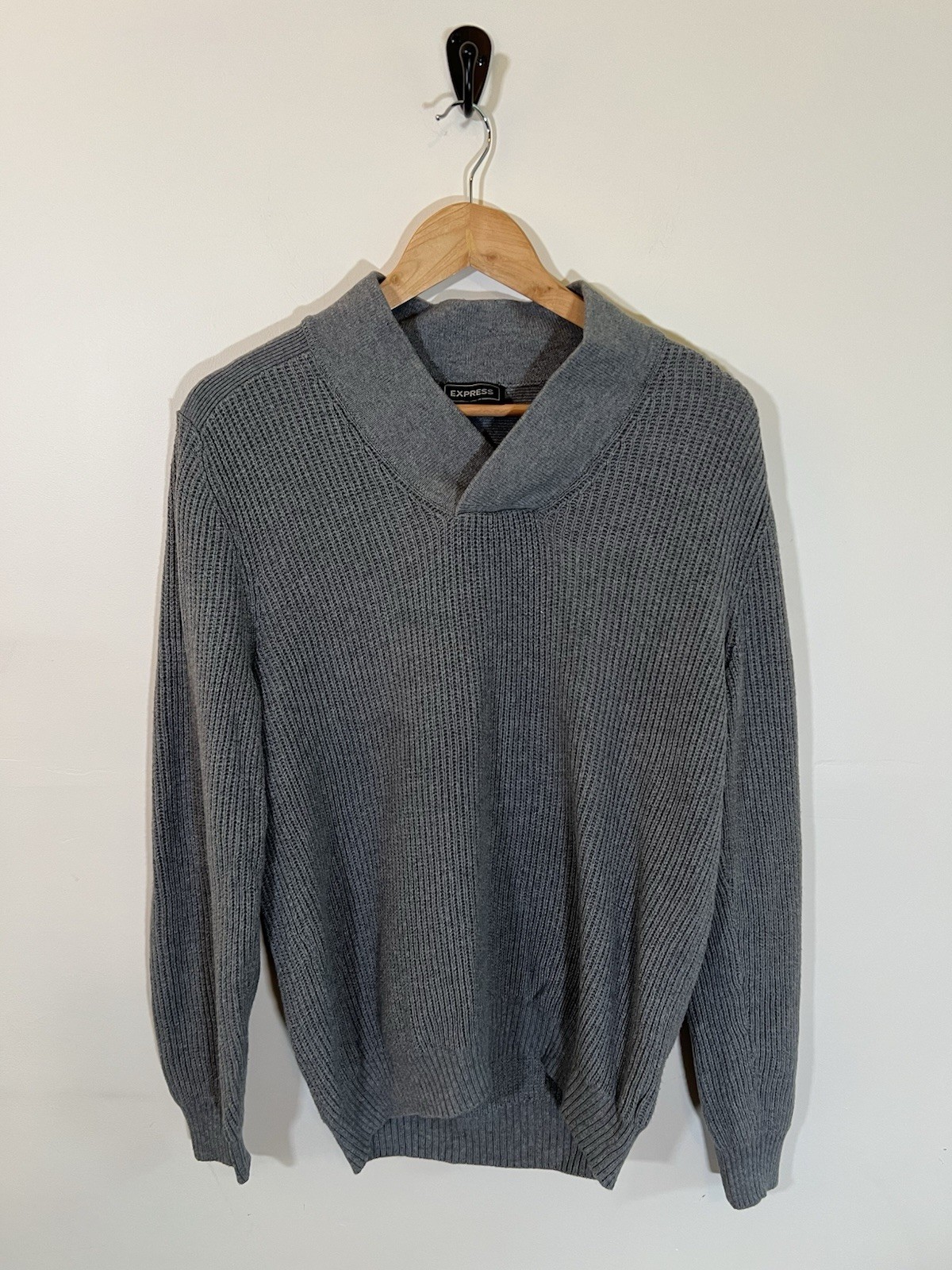 Express Mens Gray Shawl Collar Sweater 100% Cotton Ribbed Knit Pullover