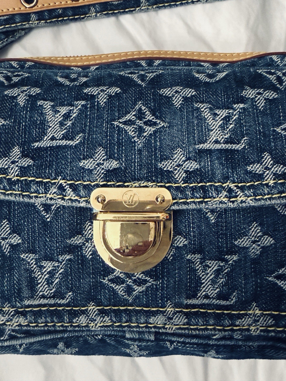 Louis Vuitton Blue Monogram Shoulder Bag Strap Gold Hardware Push Lock Zip
