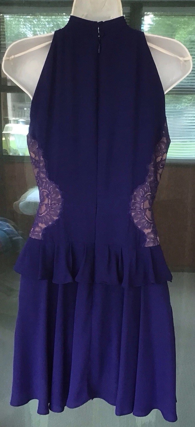 BCBGMAXAZRIA BLUE CRISS-CROSS COLLAR WITH SIDE LACE PANEL RUFFLED DRESS SIZE-4
