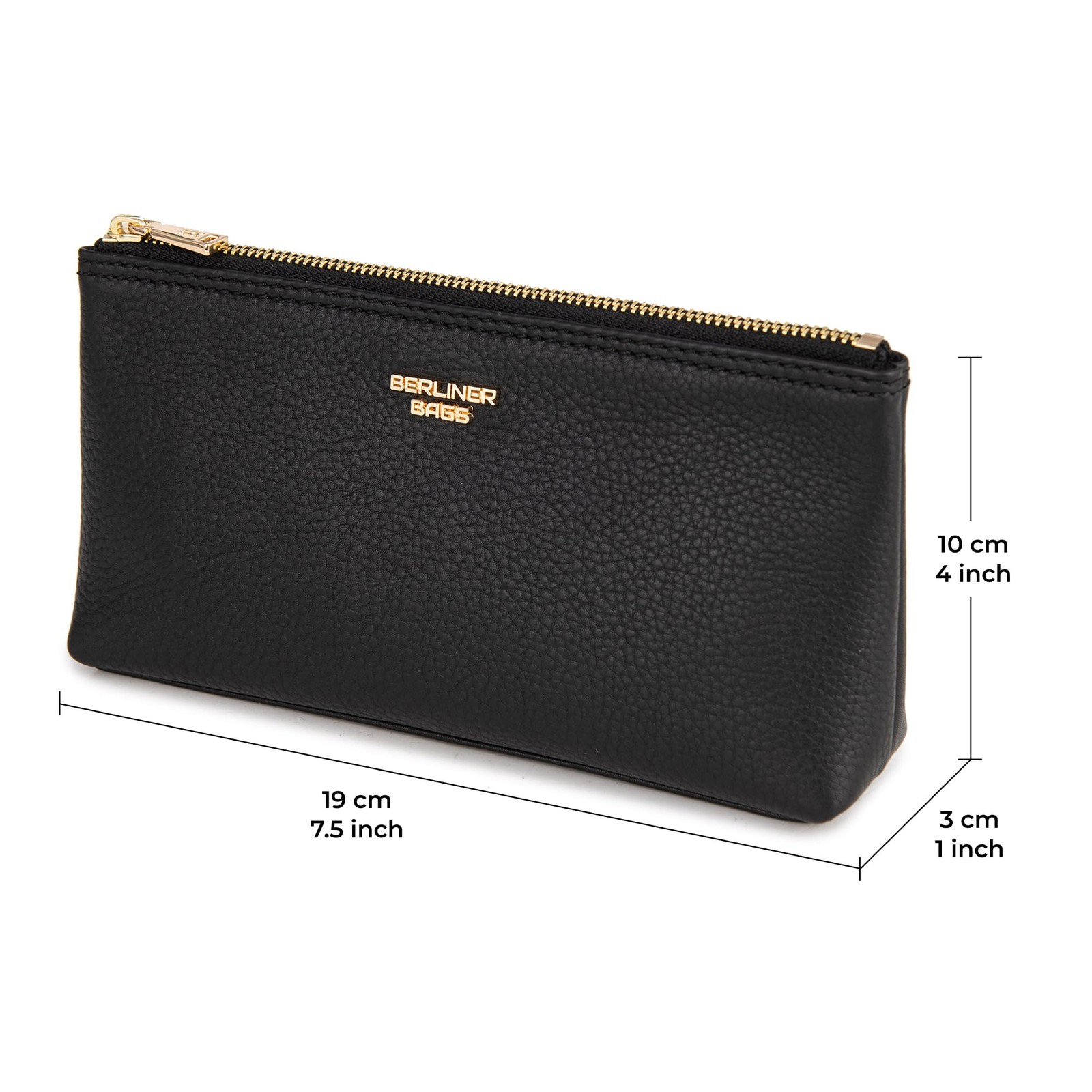 BERLINER BAGS Premium Genuine Leather Makeup Bag Anna, XS, Black/Gold