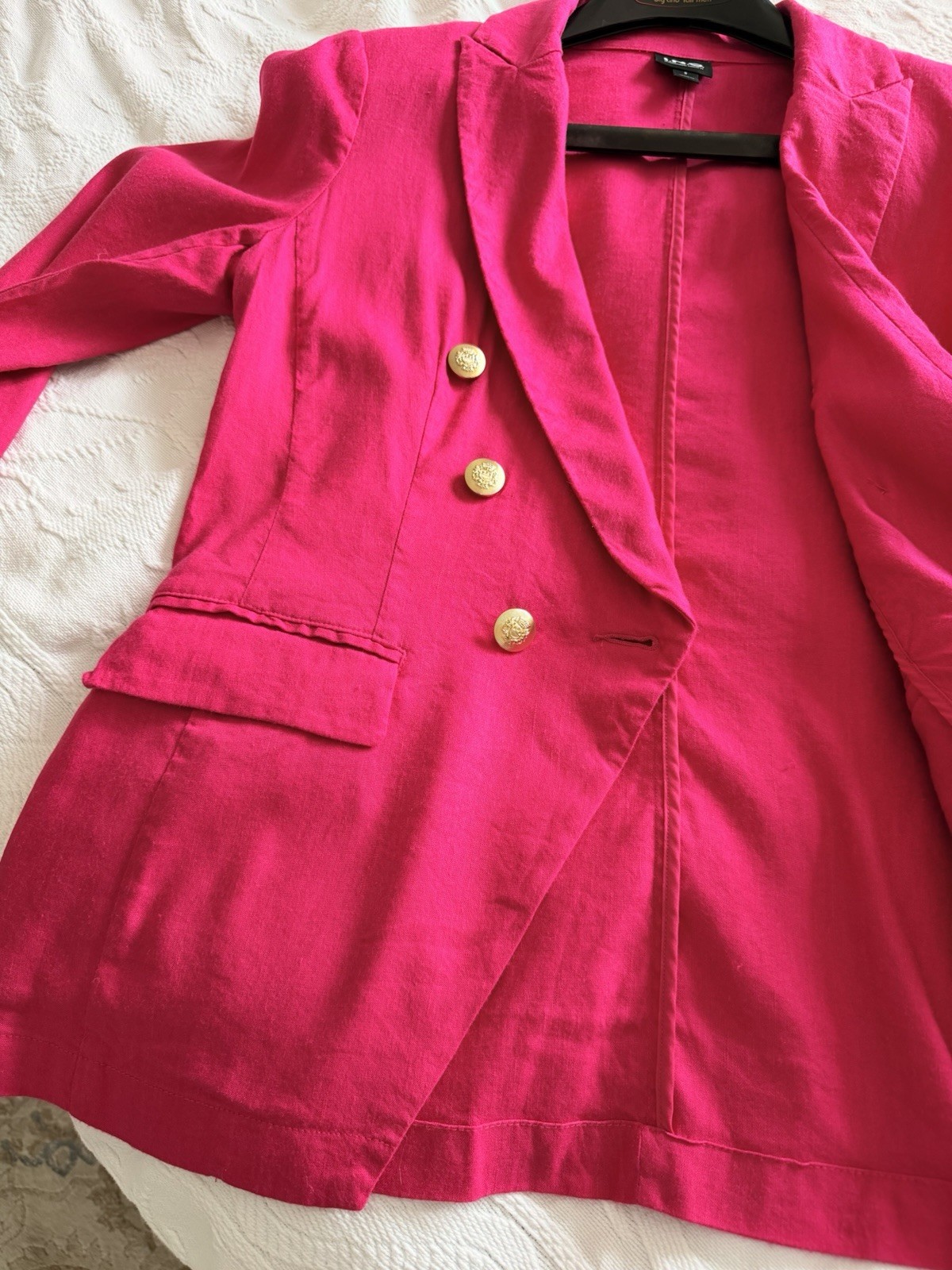 I.N.C. S Linen Blend Double Breasted Blazer Gold Buttons Fuchsia Preppy Chic