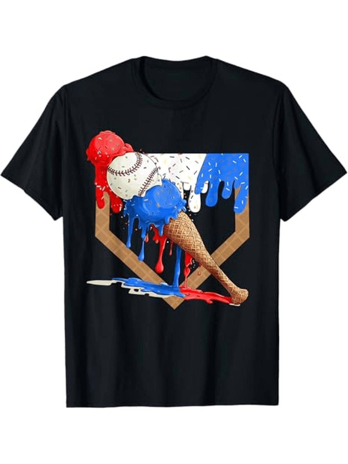 Men’s 4th of July Patriotic Baseball Ice Cream Drip T Shirt Red White Blue Fla