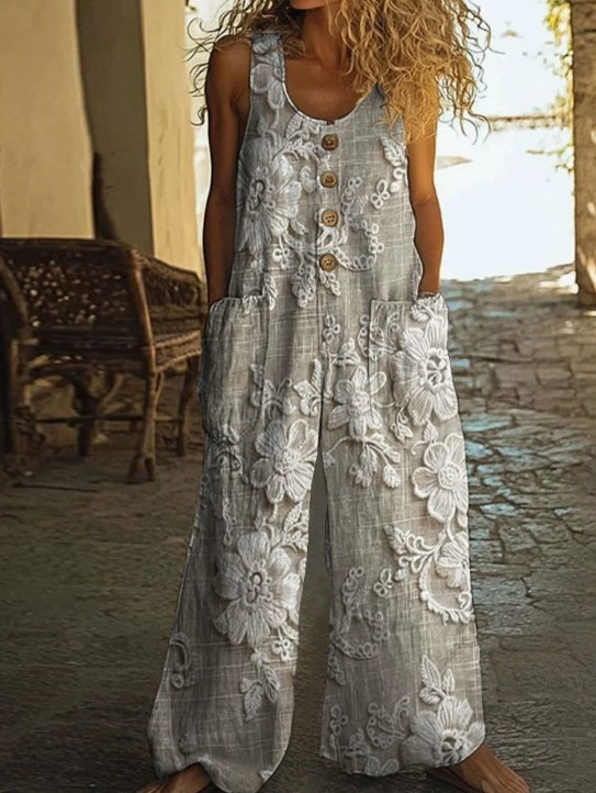 Women Sleeveless Wide Leg Jumpsuit Floral Print Loose Pocket Long Overall Romper