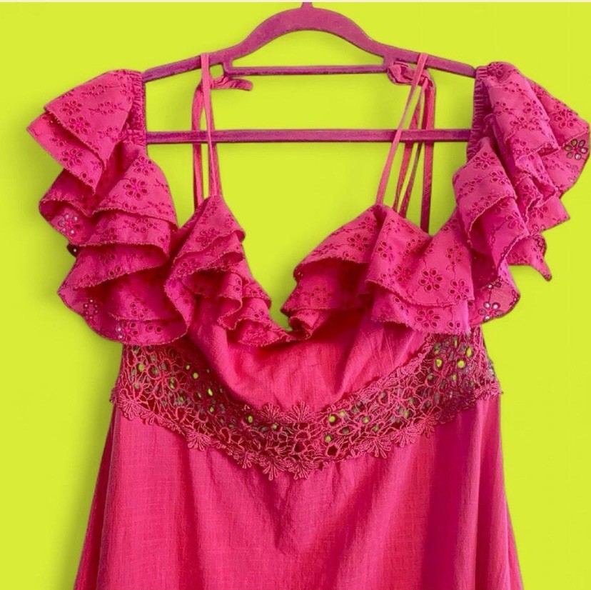 SheIn Pink Eyelet Ruffle Embroidered Strappy V-Neck Midi Slip Dress L