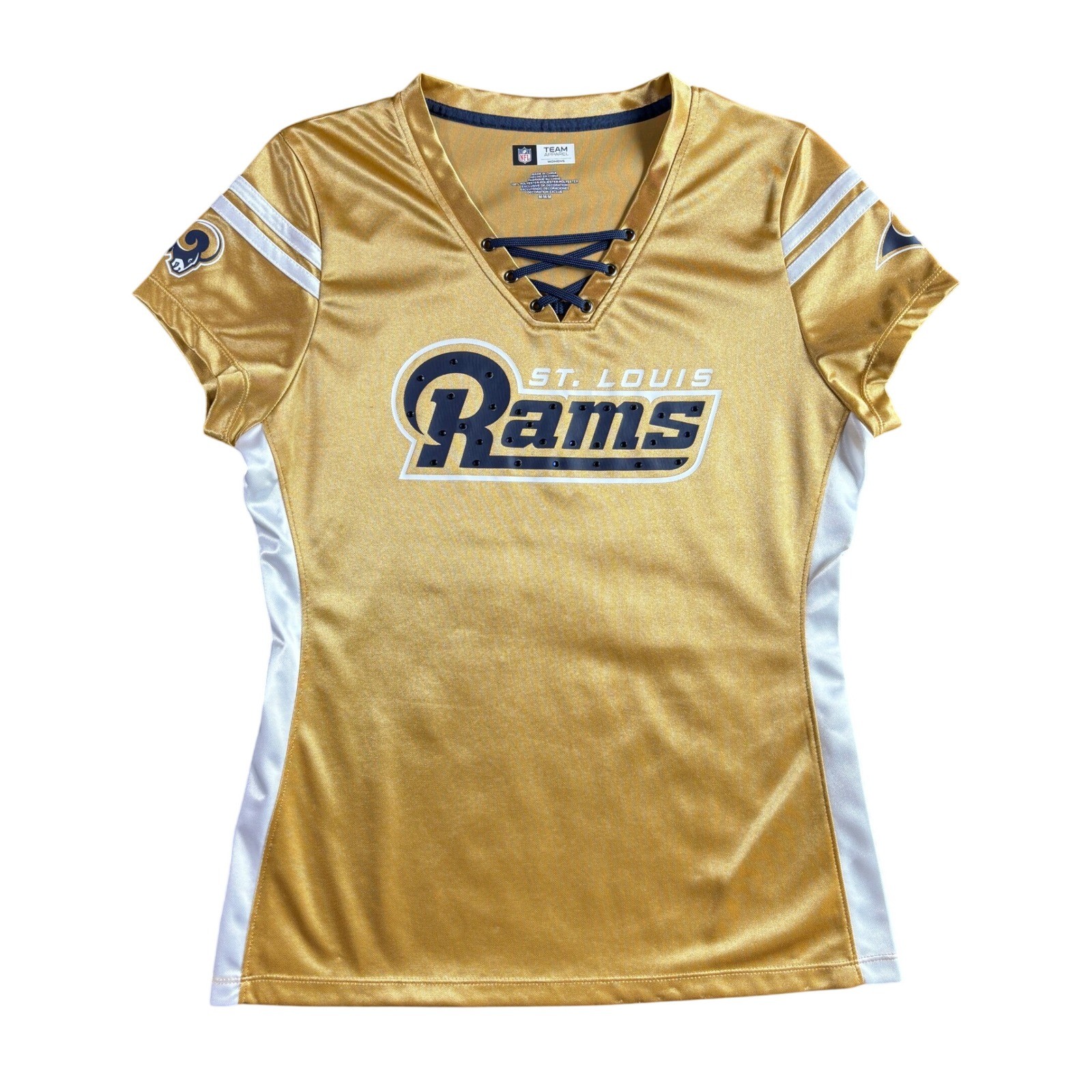 NFL Team Apparel St. Louis Rams Womens Gold Lace Up Jersey Shirt Medium Bling