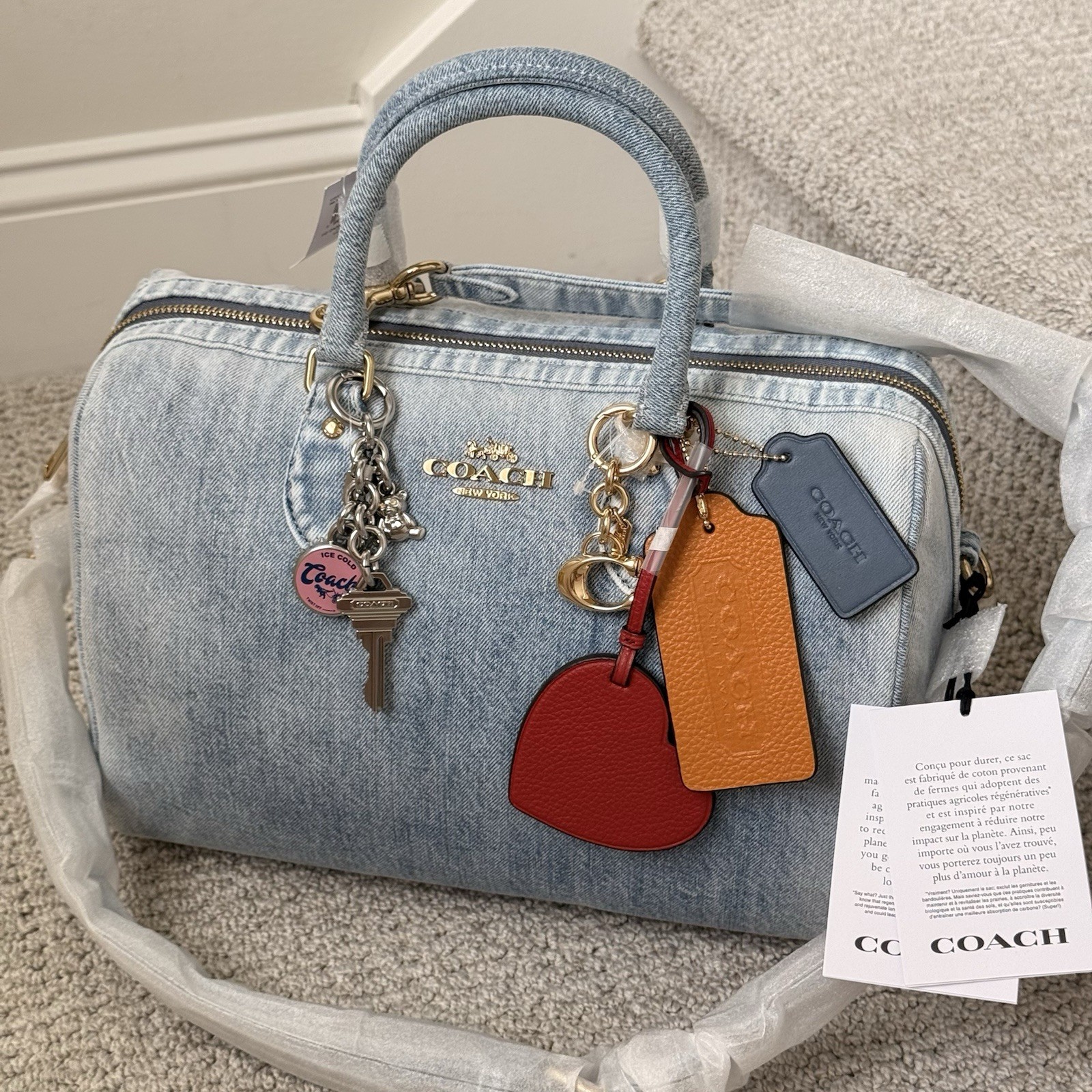 NWT COACH Rowan Large Satchel Bag In Loved Denim With Charms CDY75 Light Indigo